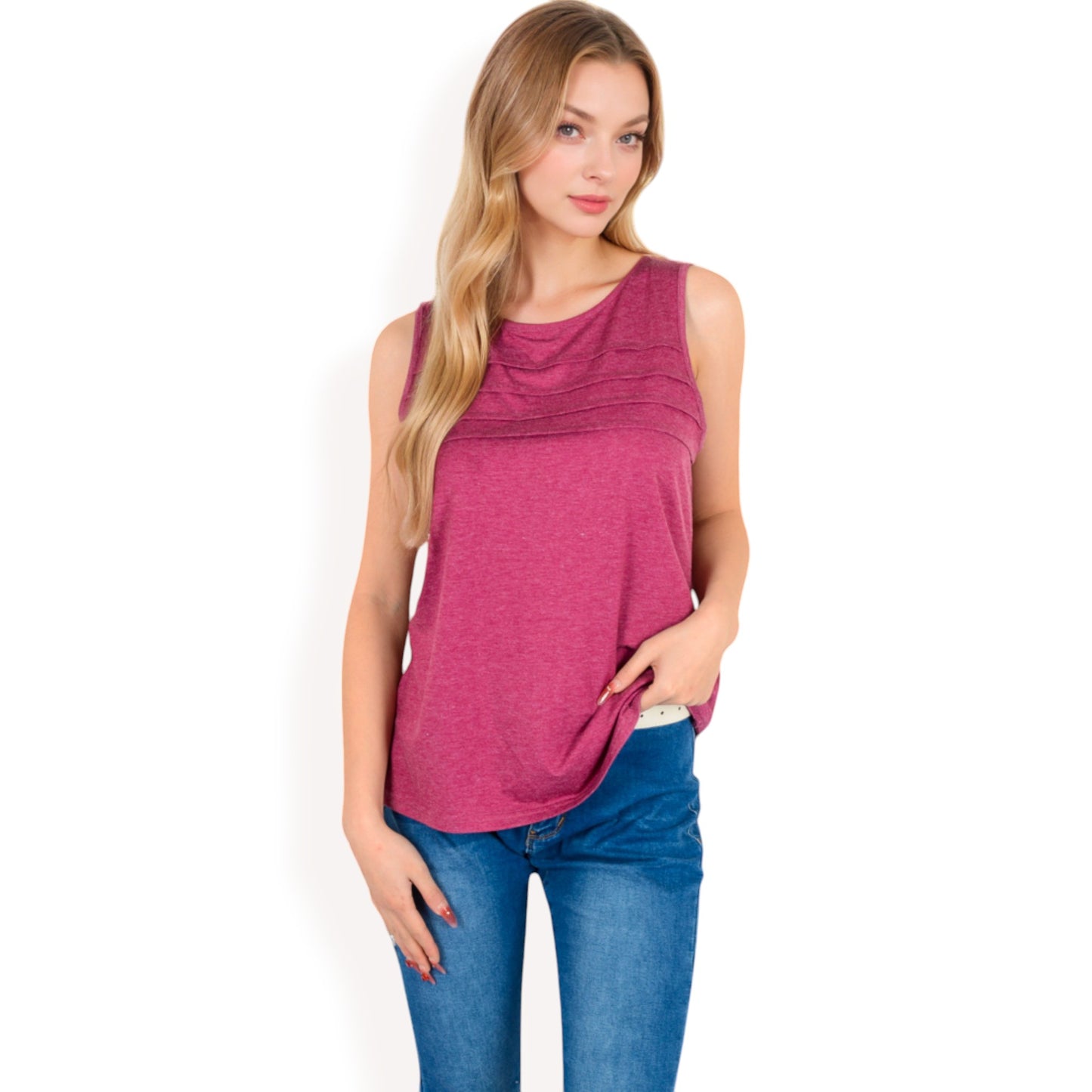 Anna-Kaci Women's Sleeveless Tank Top with Pintuck Pleat Details and Soft Stretch Fabric