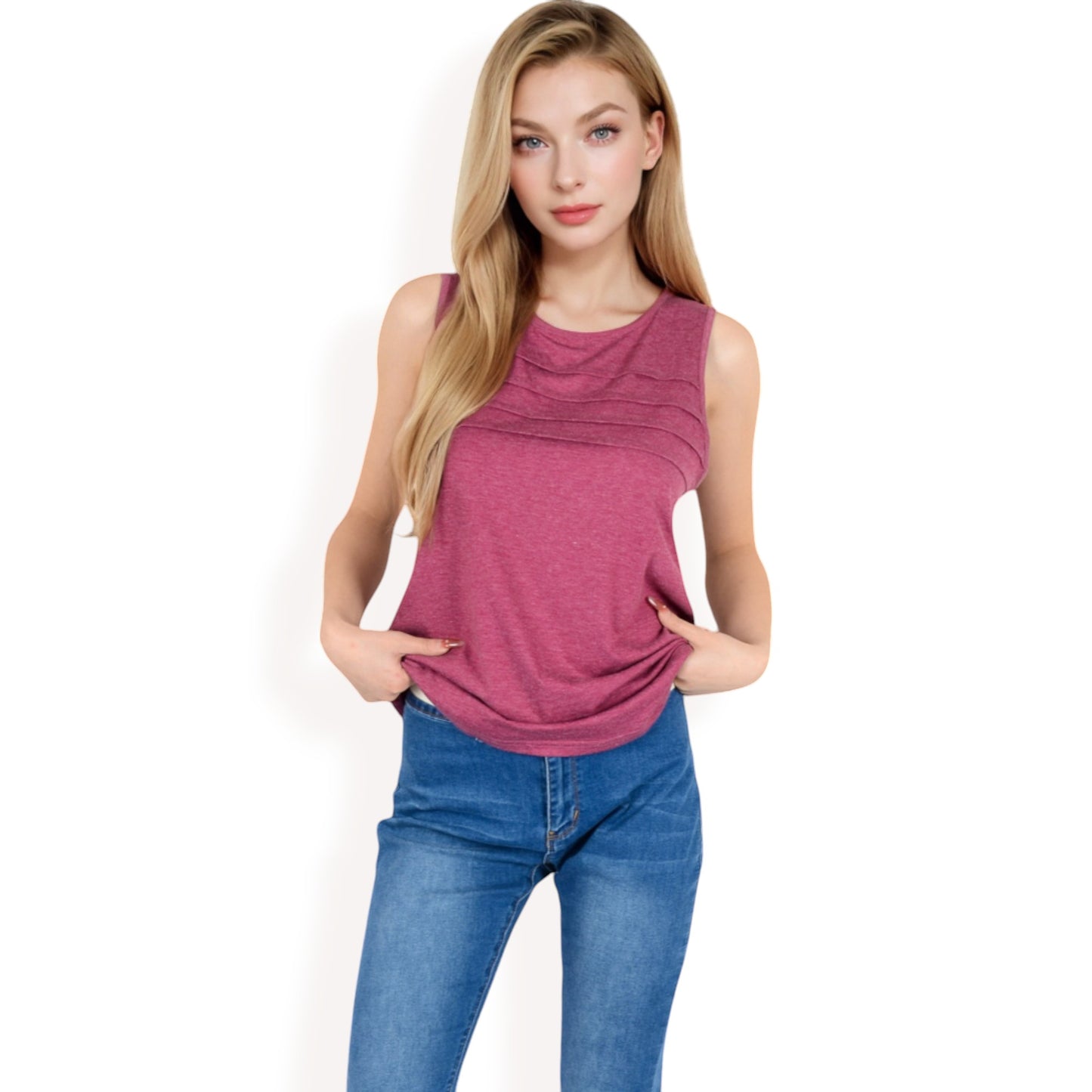 Anna-Kaci Women's Sleeveless Tank Top with Pintuck Pleat Details and Soft Stretch Fabric