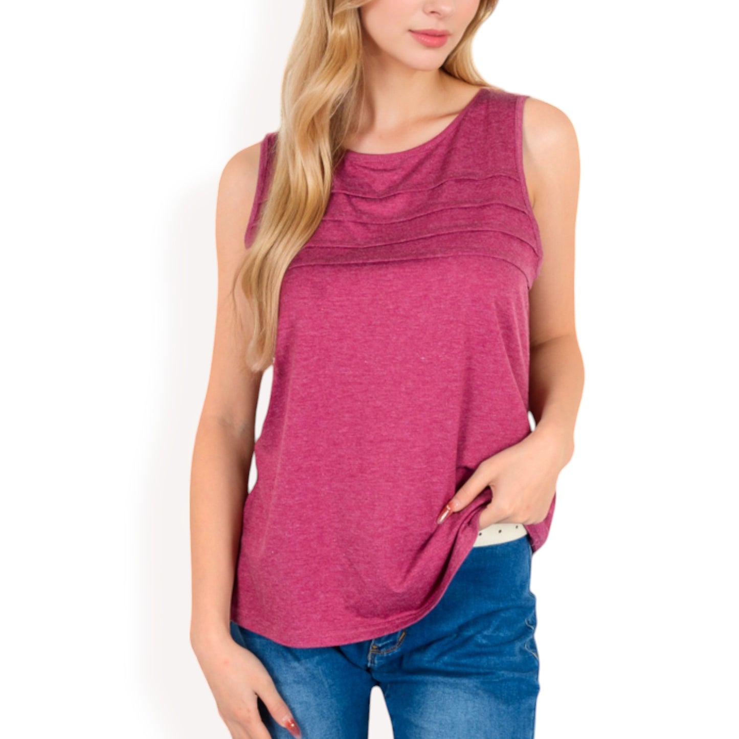 Anna-Kaci Women's Sleeveless Tank Top with Pintuck Pleat Details and Soft Stretch Fabric