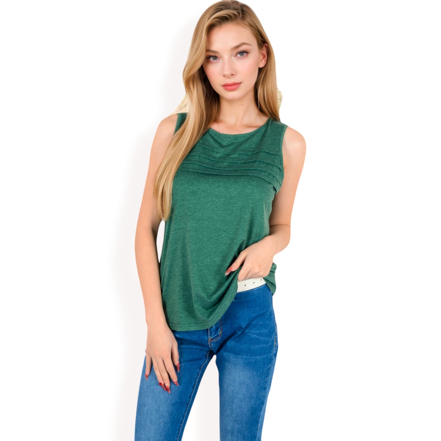 Anna-Kaci Women's Sleeveless Tank Top with Pintuck Pleat Details and Soft Stretch Fabric