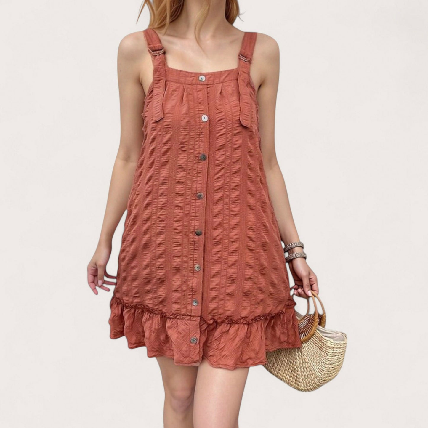 Anna-Kaci Women's Textured Button Front Overall Dress with Adjustable Straps and Ruffle Hem Detail