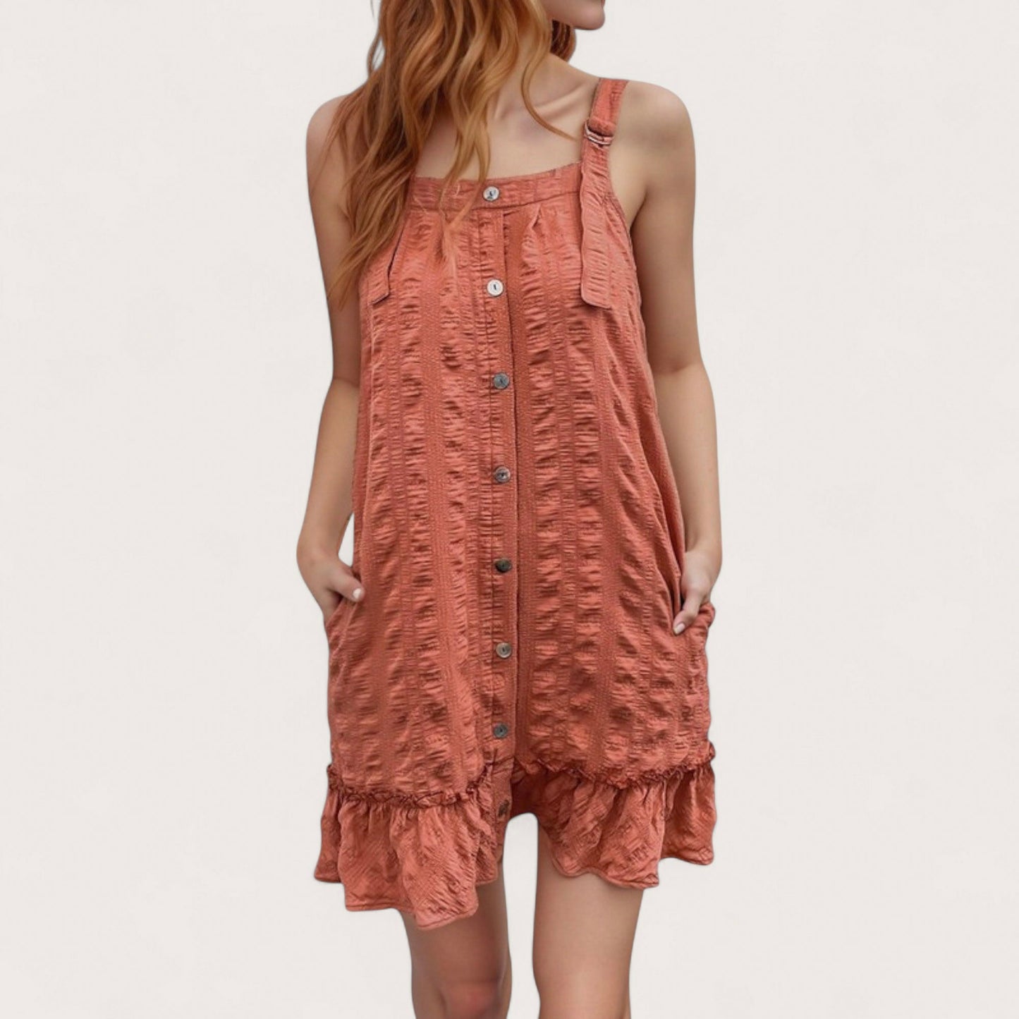 Anna-Kaci Women's Textured Button Front Overall Dress with Adjustable Straps and Ruffle Hem Detail