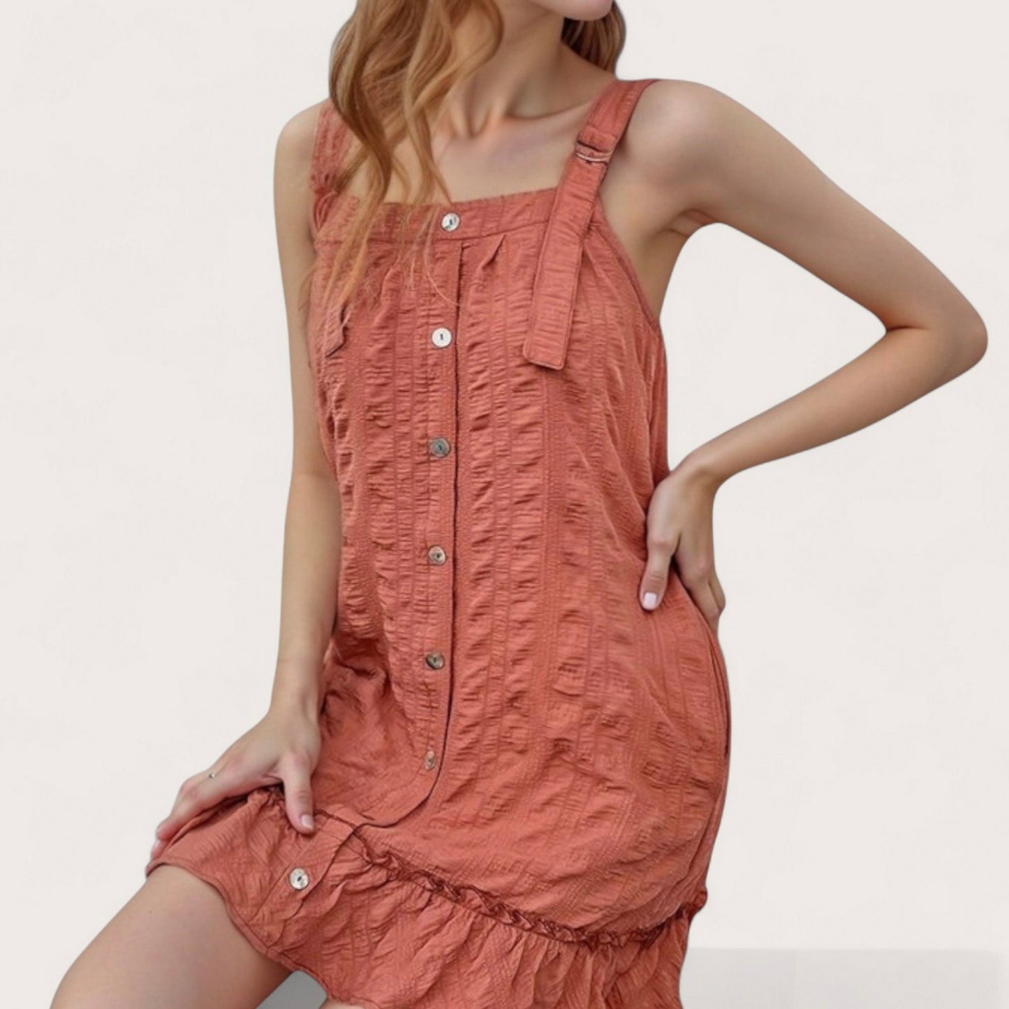 Anna-Kaci Women's Textured Button Front Overall Dress with Adjustable Straps and Ruffle Hem Detail