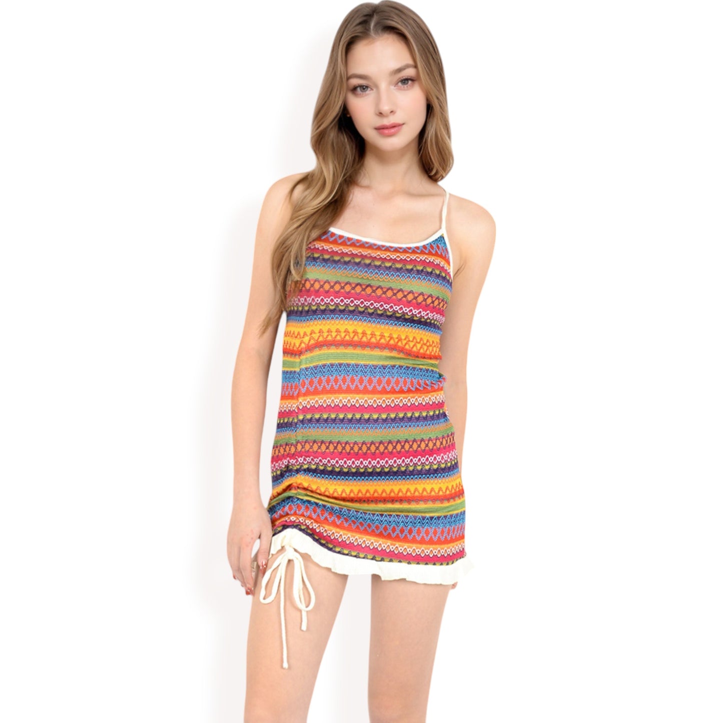 Anna-Kaci Women's Knit Mini Dress with Adjustable Drawstring Ruched Side and Vibrant Striped Pattern