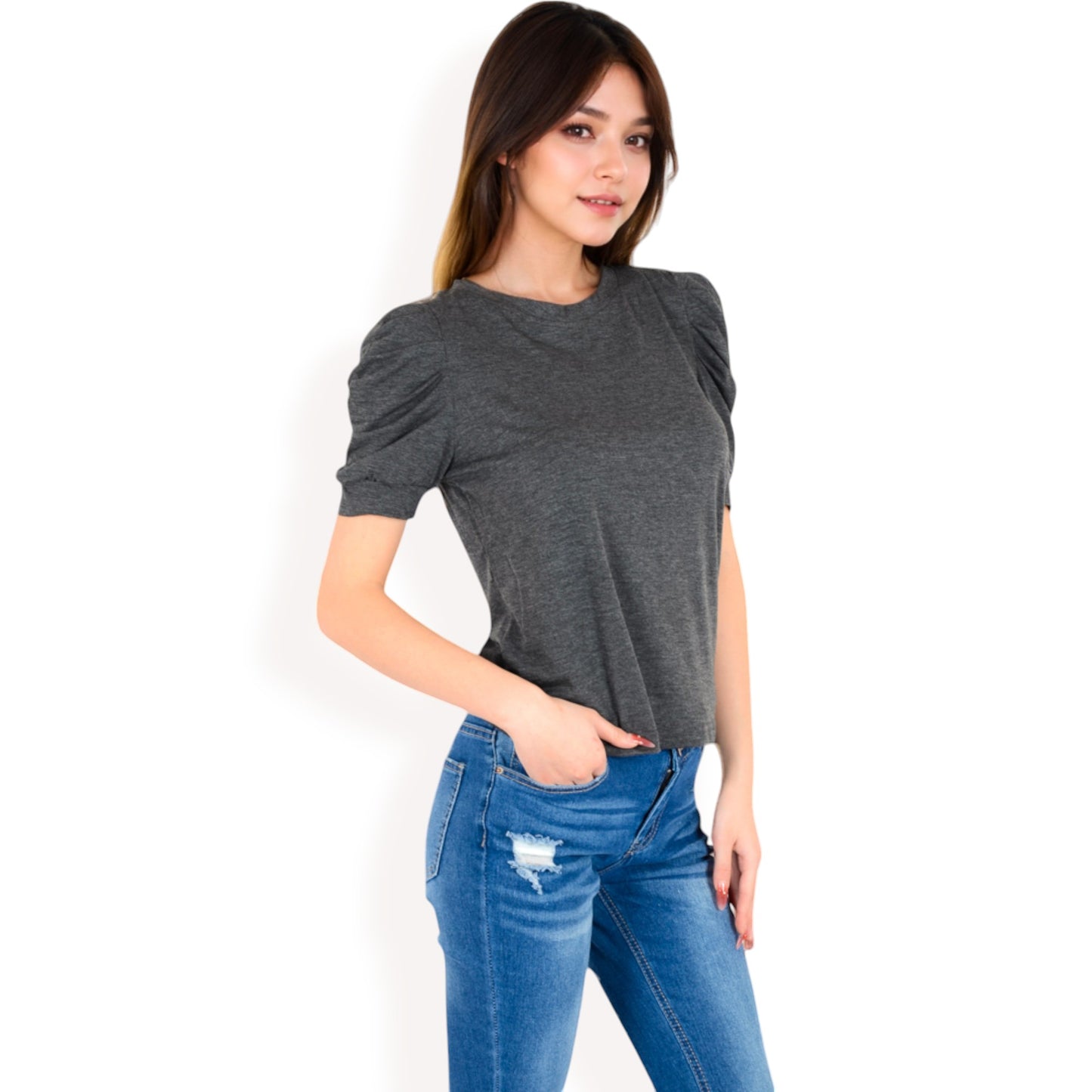 Anna-Kaci Women's Short Sleeve Puff Shoulder Tee with Crew Neck and Slim Fit