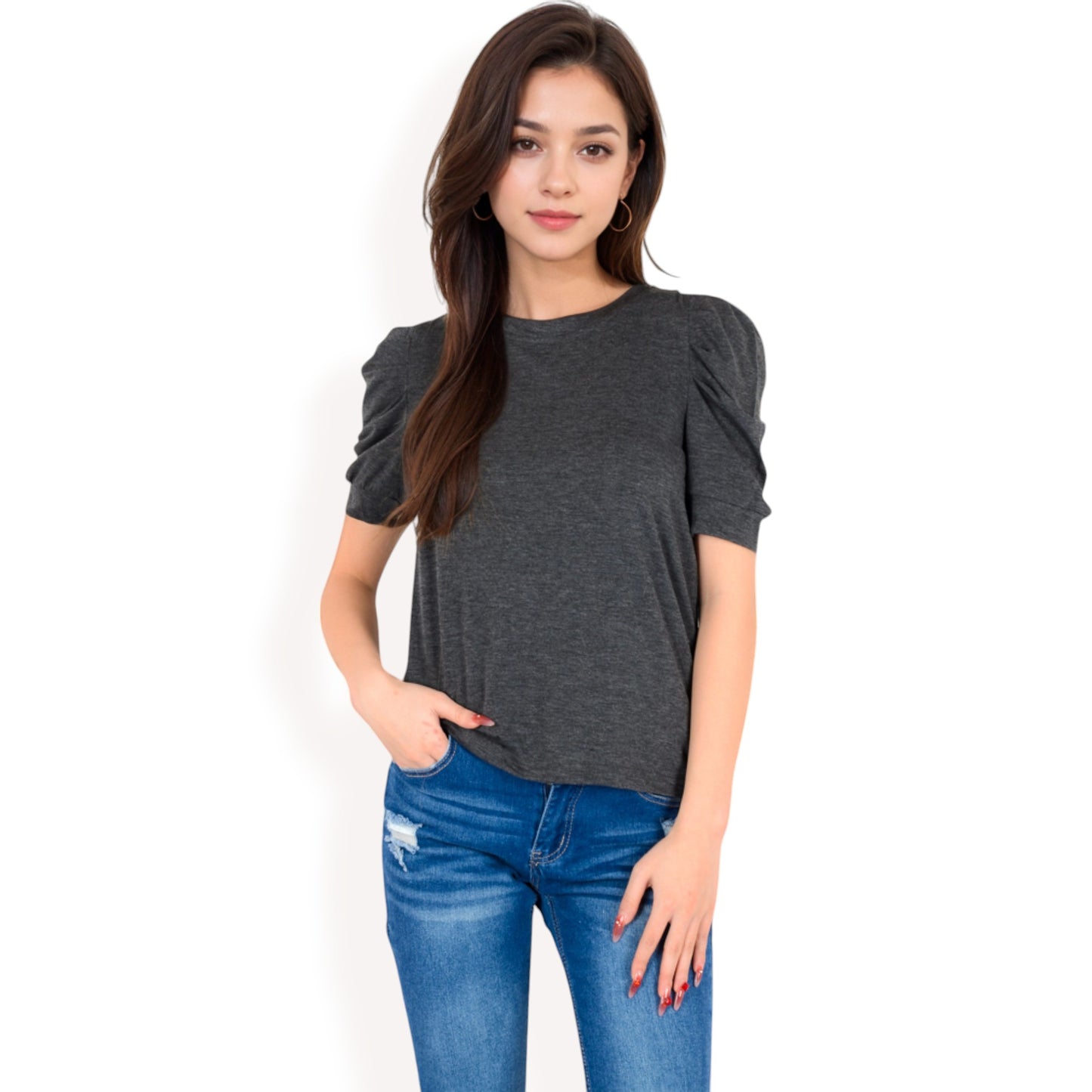 Anna-Kaci Women's Short Sleeve Puff Shoulder Tee with Crew Neck and Slim Fit