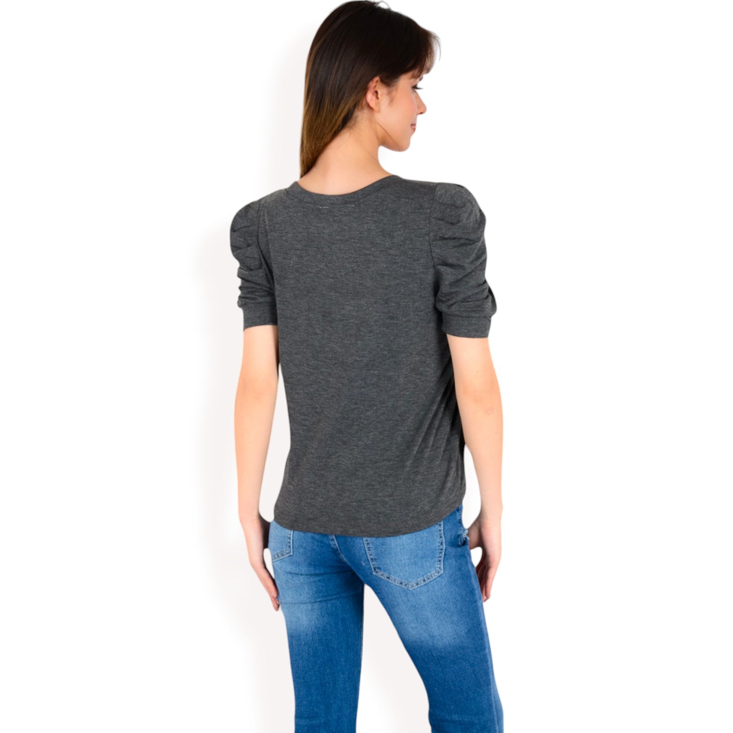 Anna-Kaci Women's Short Sleeve Puff Shoulder Tee with Crew Neck and Slim Fit