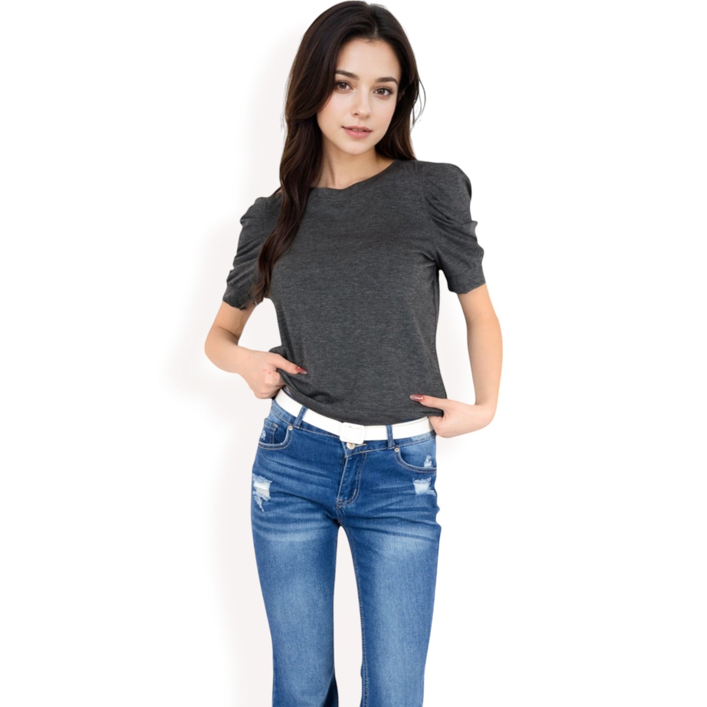 Anna-Kaci Women's Short Sleeve Puff Shoulder Tee with Crew Neck and Slim Fit