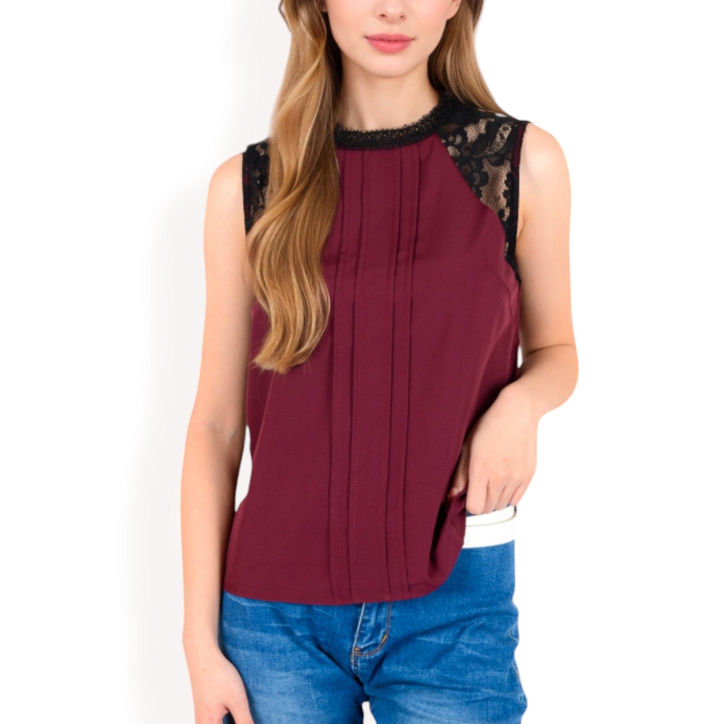 Anna-Kaci Women's Sleeveless Blouse with Lace Yoke and Pleated Front