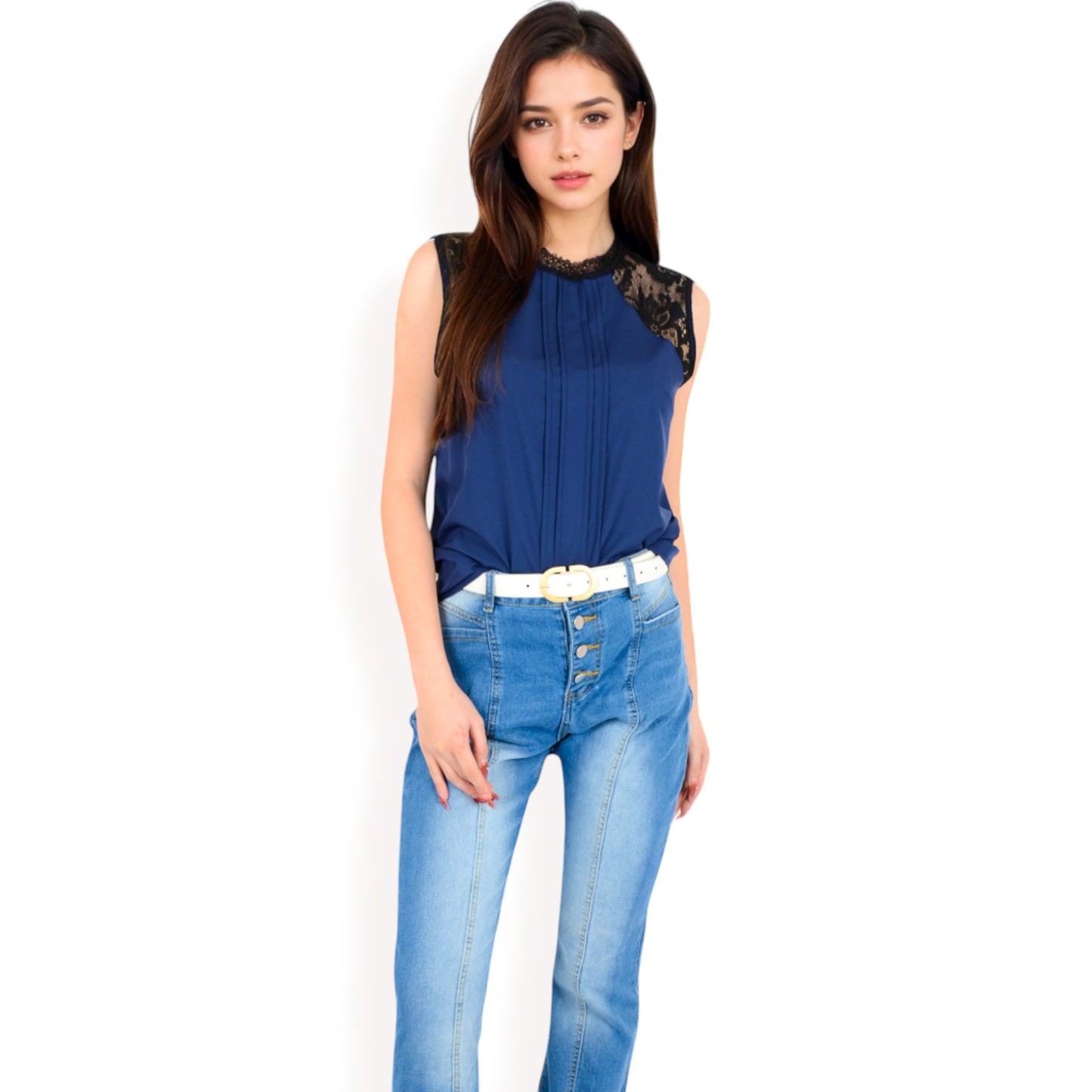 Anna-Kaci Women's Sleeveless Blouse with Lace Yoke and Pleated Front