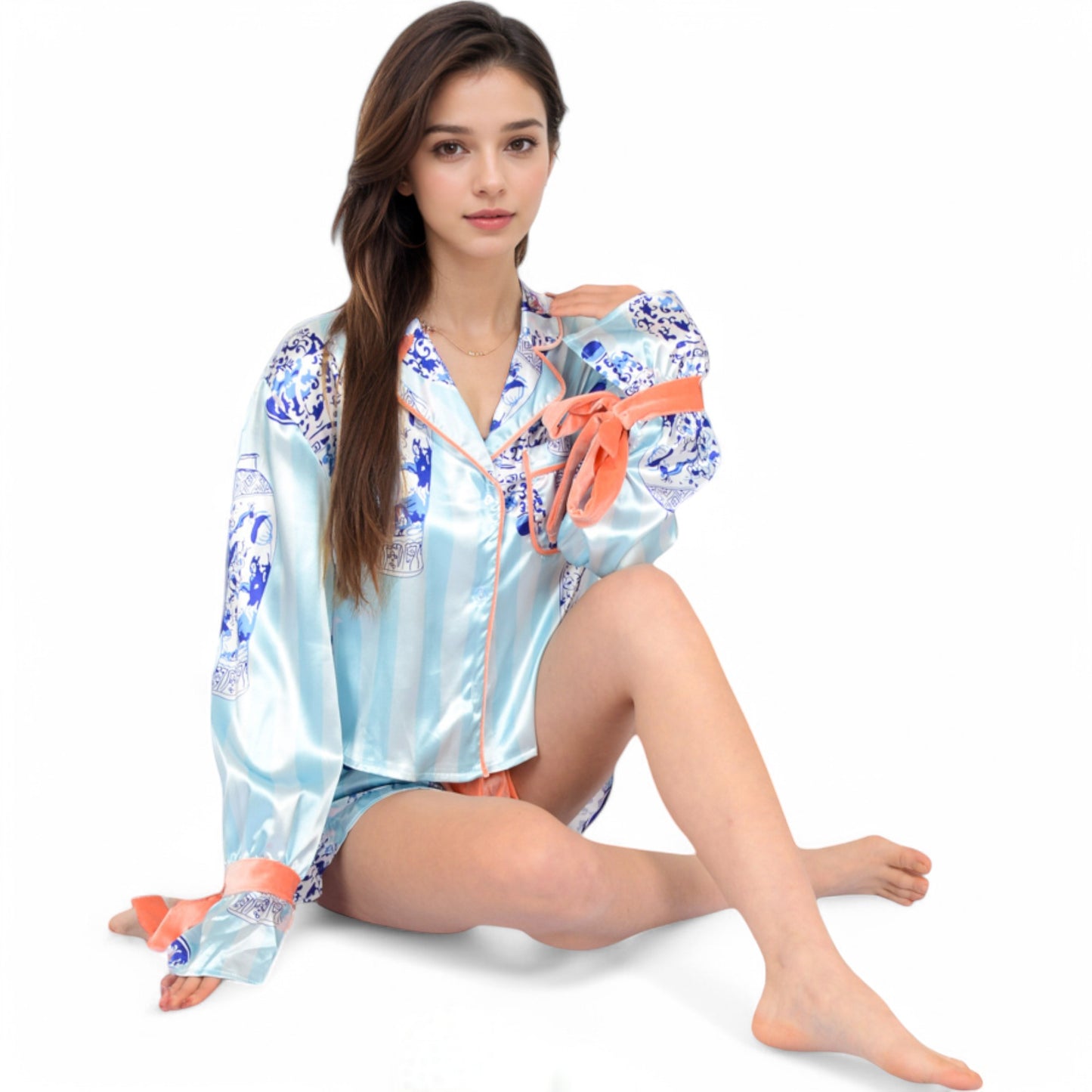 Anna-Kaci Women's Porcelain Print Satin Pajama Set with Contrast Trim and Tie Details- Blue,Small