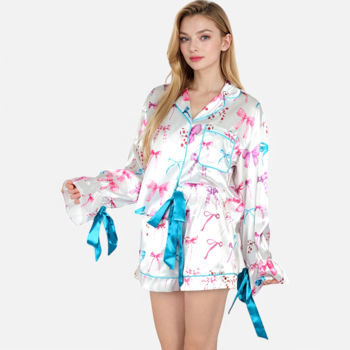 Anna-Kaci Lounge Women's Holiday Bow Print Pajama Set with Ribbon Tie Details and Button-Up Top