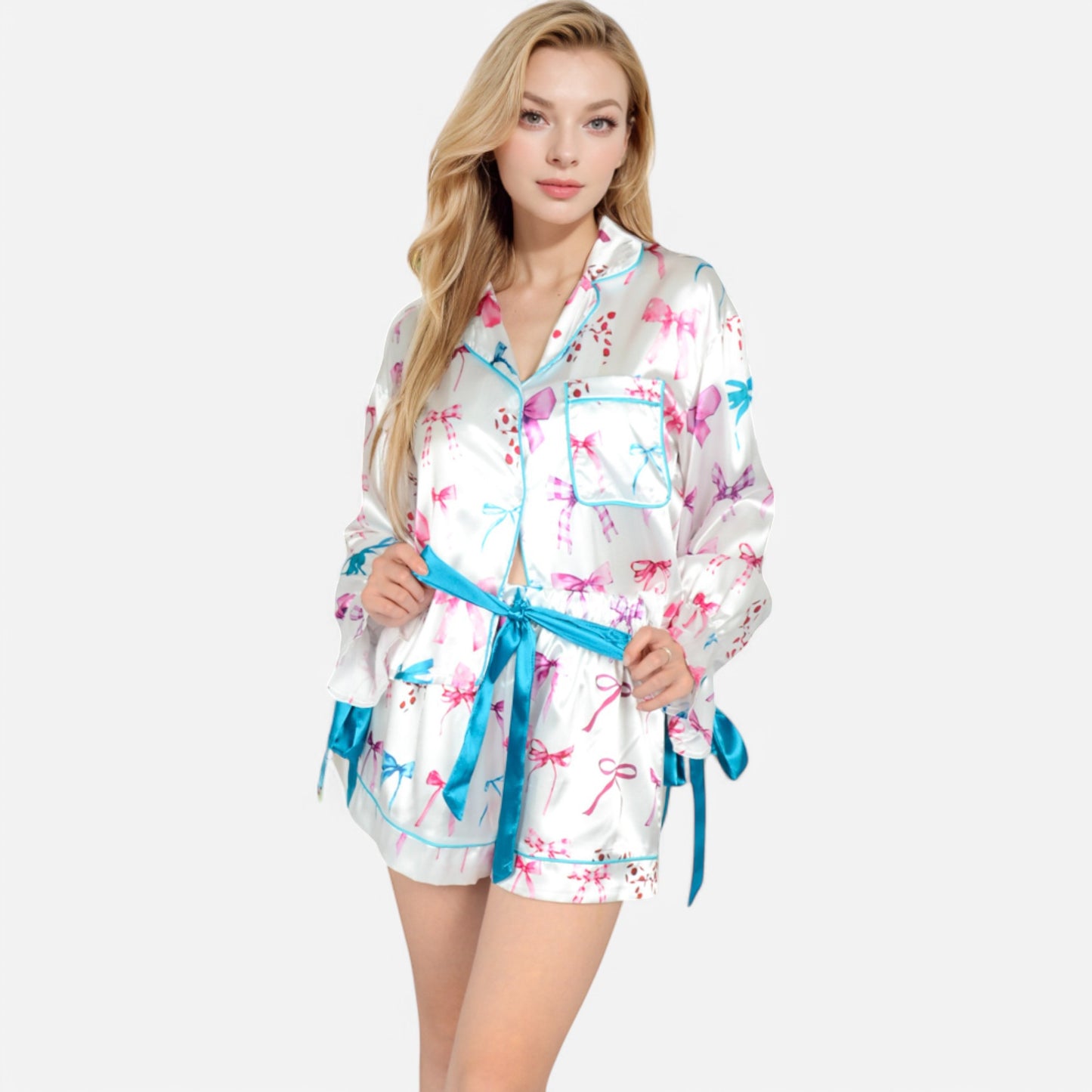 Anna-Kaci Lounge Women's Holiday Bow Print Pajama Set with Ribbon Tie Details and Button-Up Top