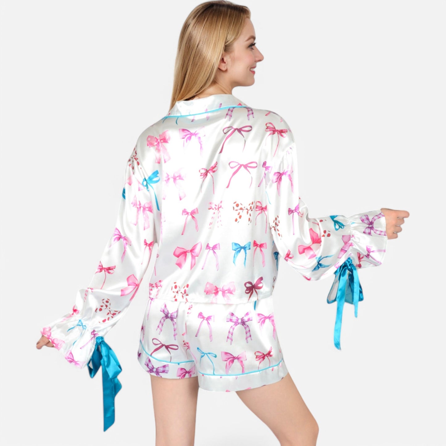 Anna-Kaci Lounge Women's Holiday Bow Print Pajama Set with Ribbon Tie Details and Button-Up Top