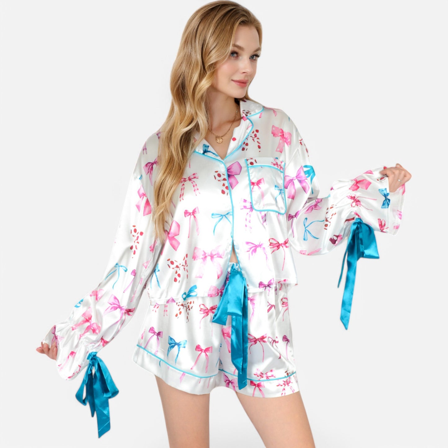 Anna-Kaci Lounge Women's Holiday Bow Print Pajama Set with Ribbon Tie Details and Button-Up Top