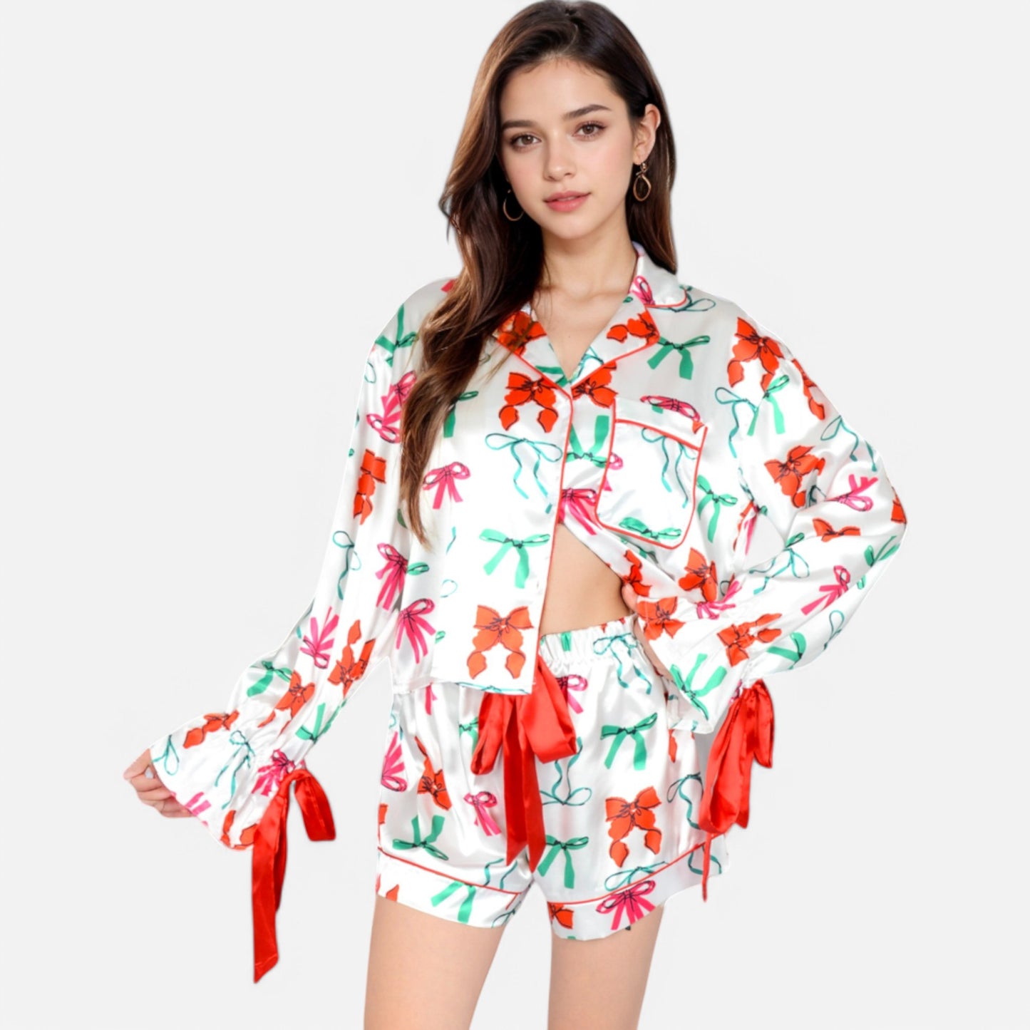 Anna-Kaci Lounge Women's Holiday Bow Print Pajama Set with Ribbon Tie Details and Button-Up Top