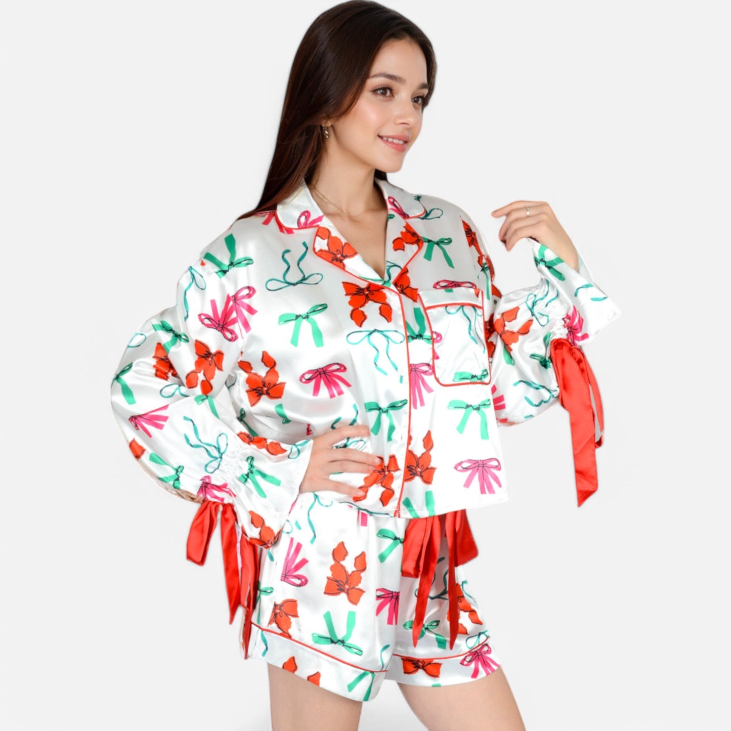 Anna-Kaci Lounge Women's Holiday Bow Print Pajama Set with Ribbon Tie Details and Button-Up Top