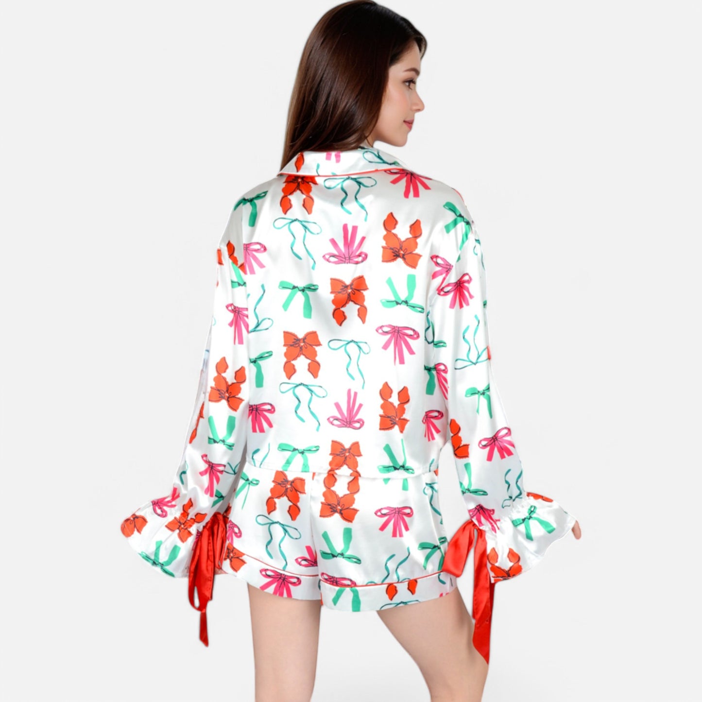 Anna-Kaci Lounge Women's Holiday Bow Print Pajama Set with Ribbon Tie Details and Button-Up Top