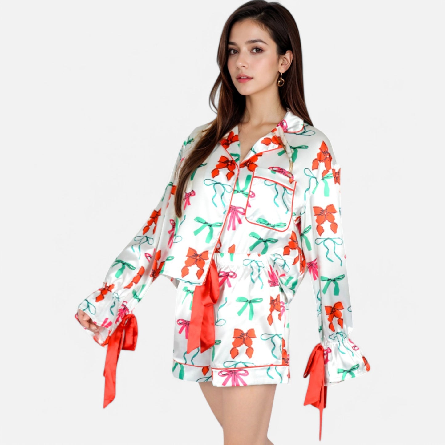 Anna-Kaci Lounge Women's Holiday Bow Print Pajama Set with Ribbon Tie Details and Button-Up Top