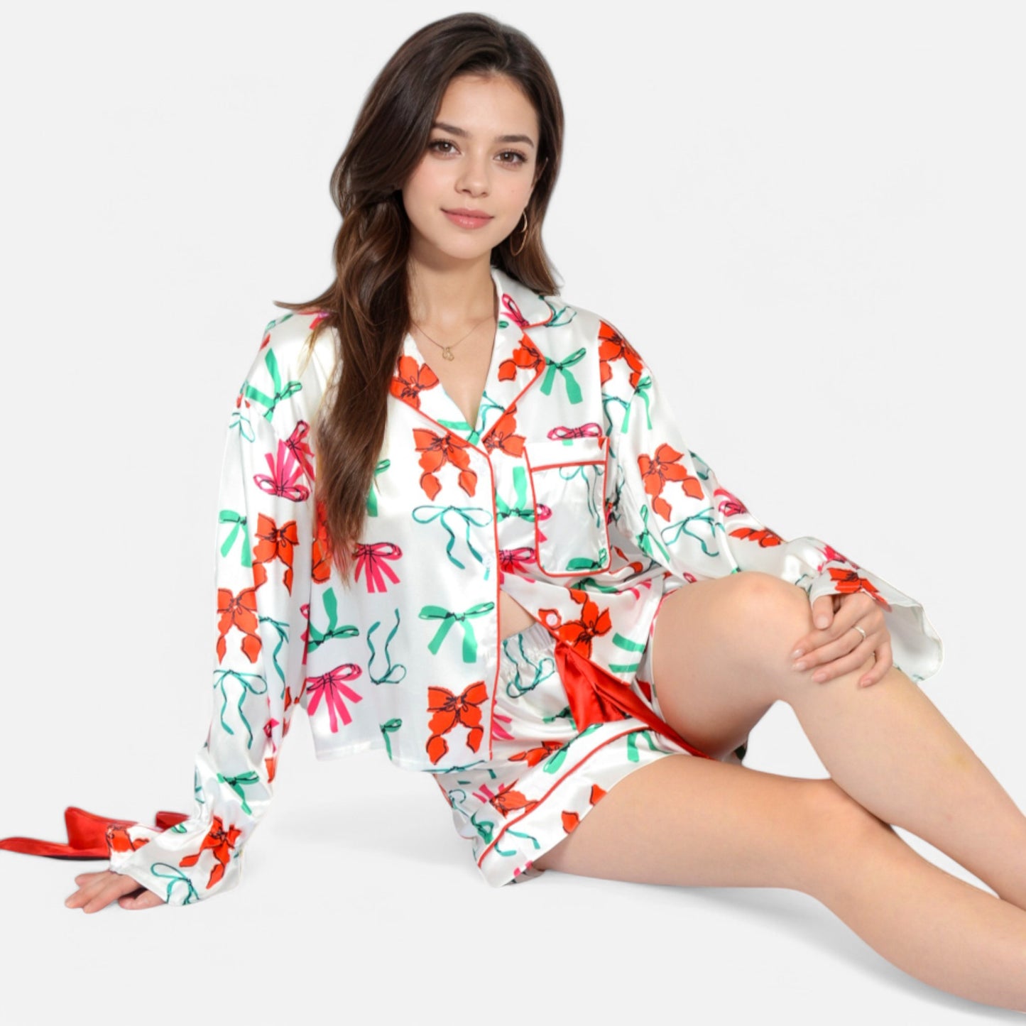 Anna-Kaci Lounge Women's Holiday Bow Print Pajama Set with Ribbon Tie Details and Button-Up Top