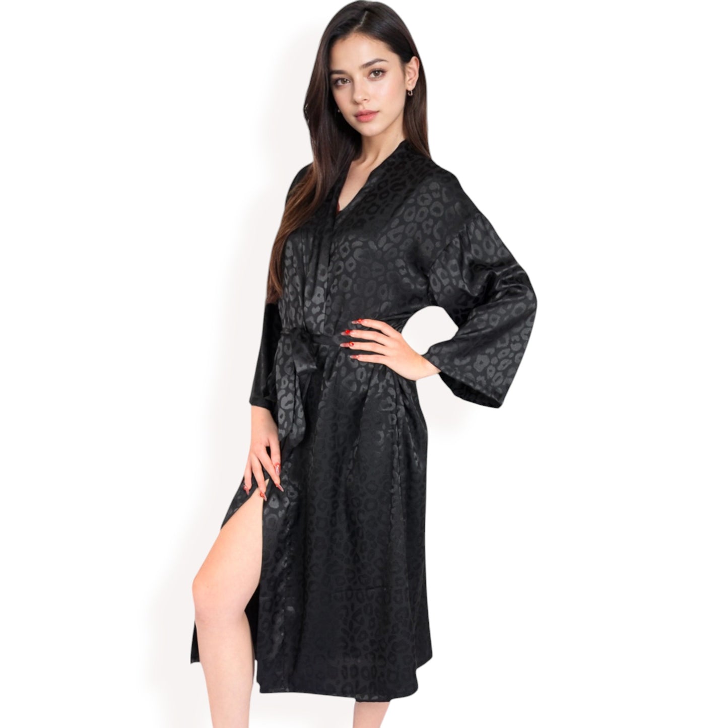 Anna-Kaci Women's Leopard Print Satin Nightgown with Matching Long Robe and Adjustable Straps- Black,Small