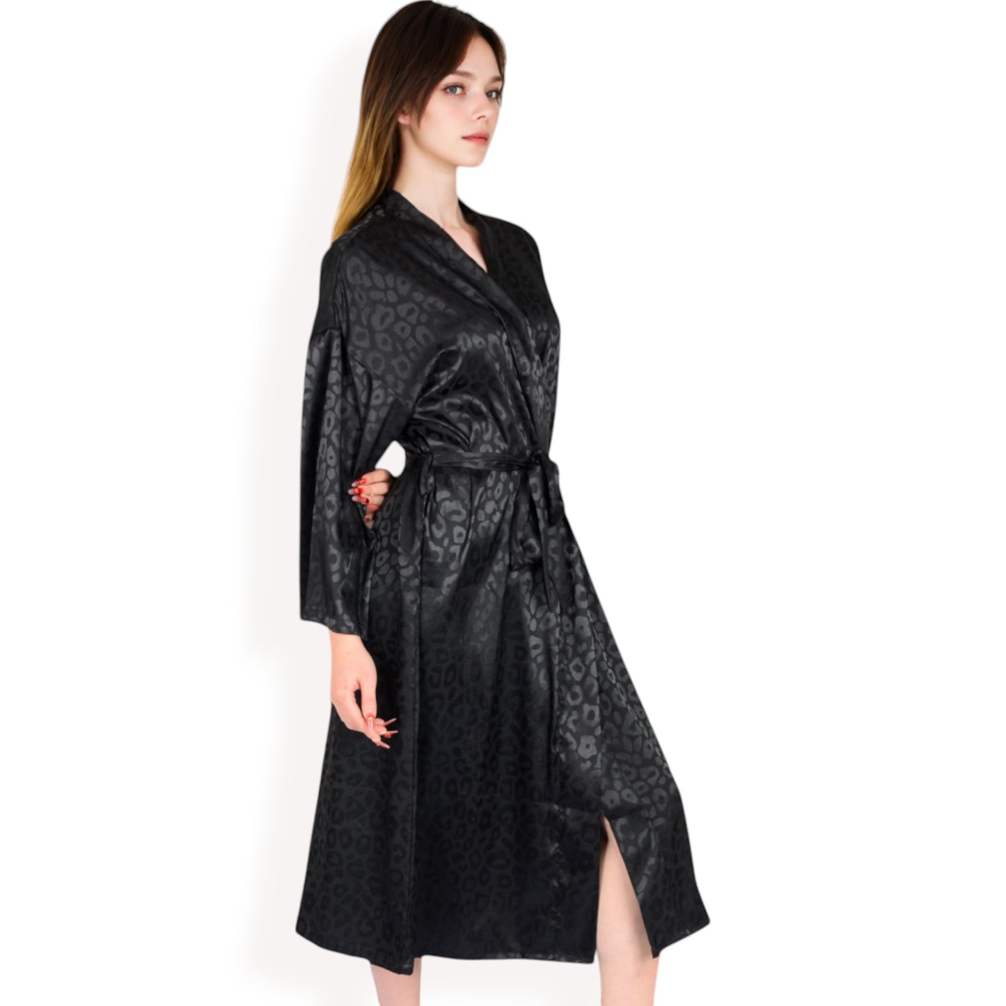Anna-Kaci Women's Leopard Print Satin Nightgown with Matching Long Robe and Adjustable Straps- Black,Small