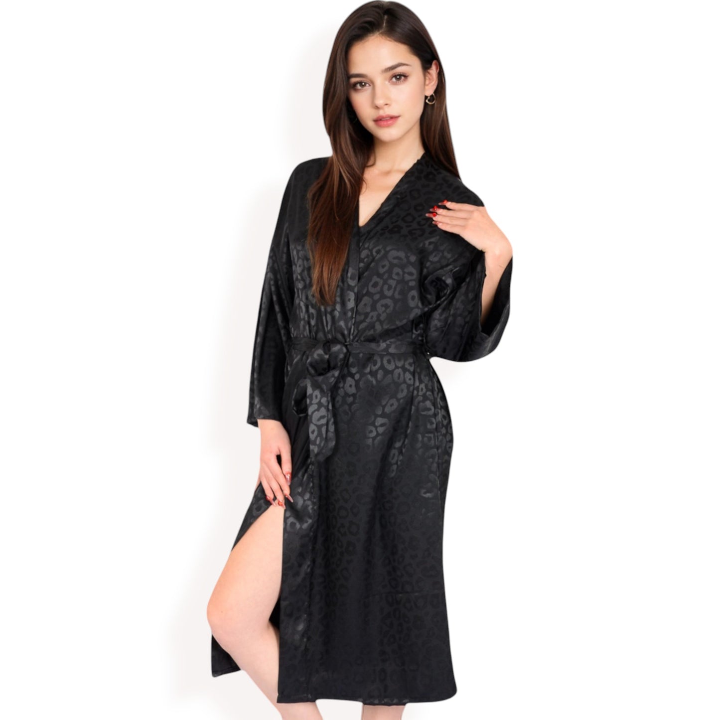 Anna-Kaci Women's Leopard Print Satin Nightgown with Matching Long Robe and Adjustable Straps- Black,Small