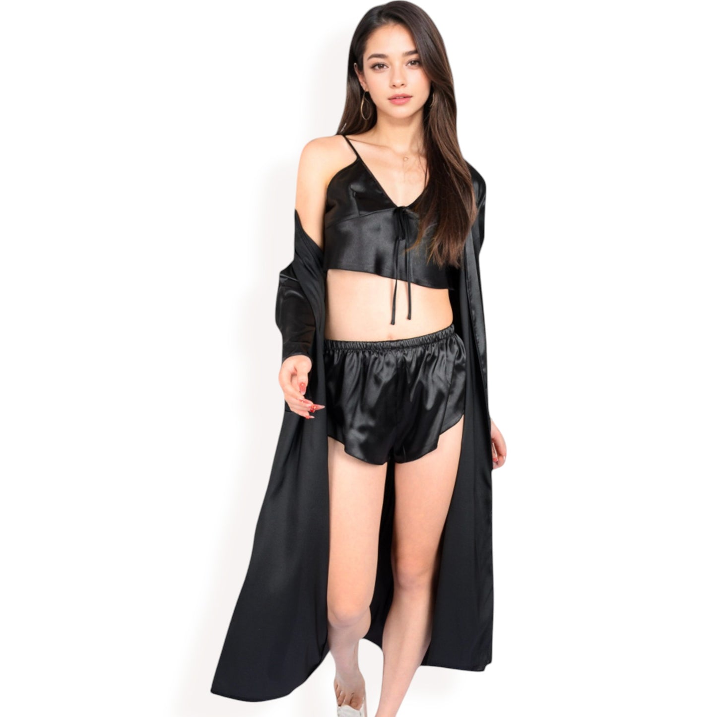 Anna-Kaci Women's Satin Pajama Set with Long Robe, Cami, Shorts, and Tie Waist- Black,Small
