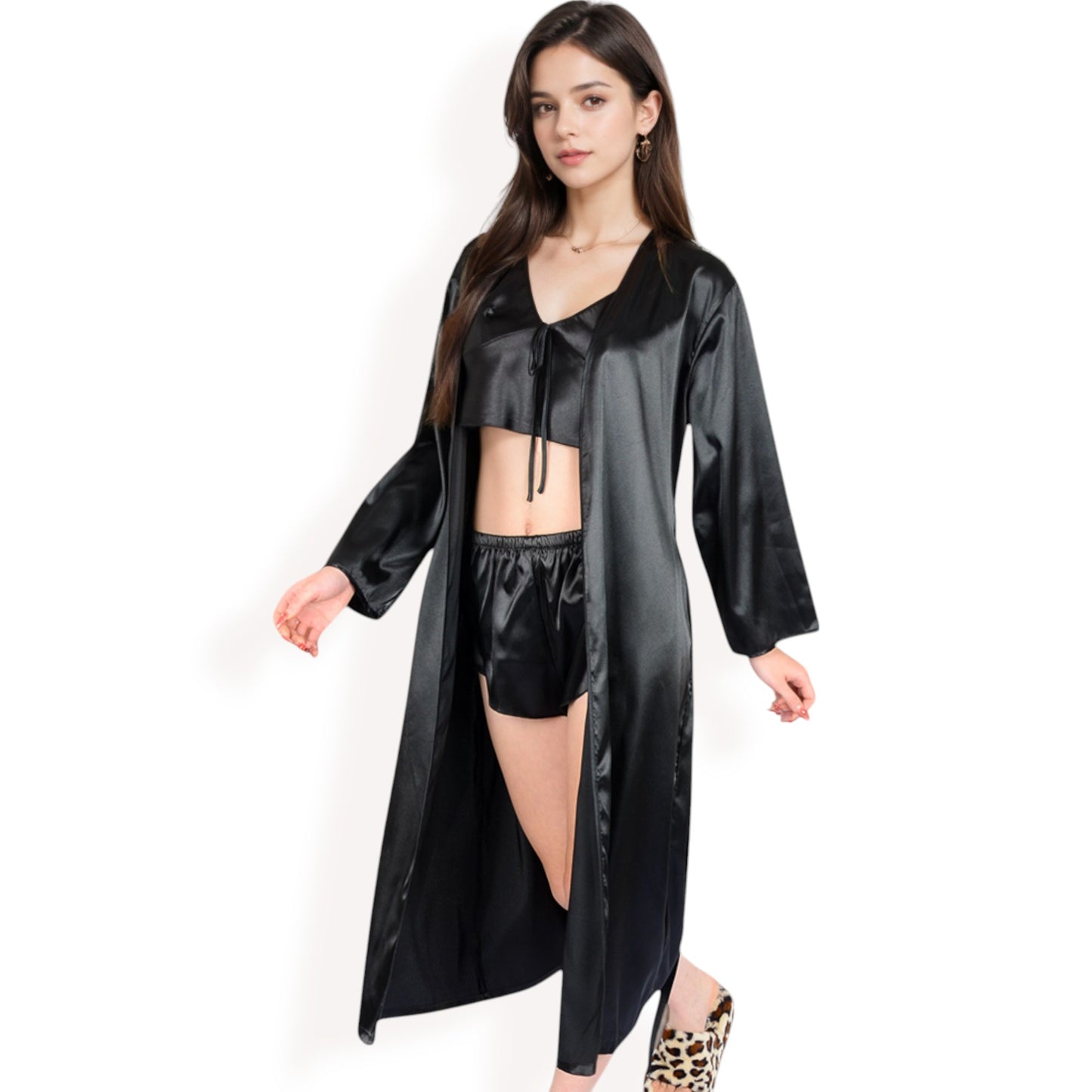 Anna-Kaci Women's Satin Pajama Set with Long Robe, Cami, Shorts, and Tie Waist- Black,Small
