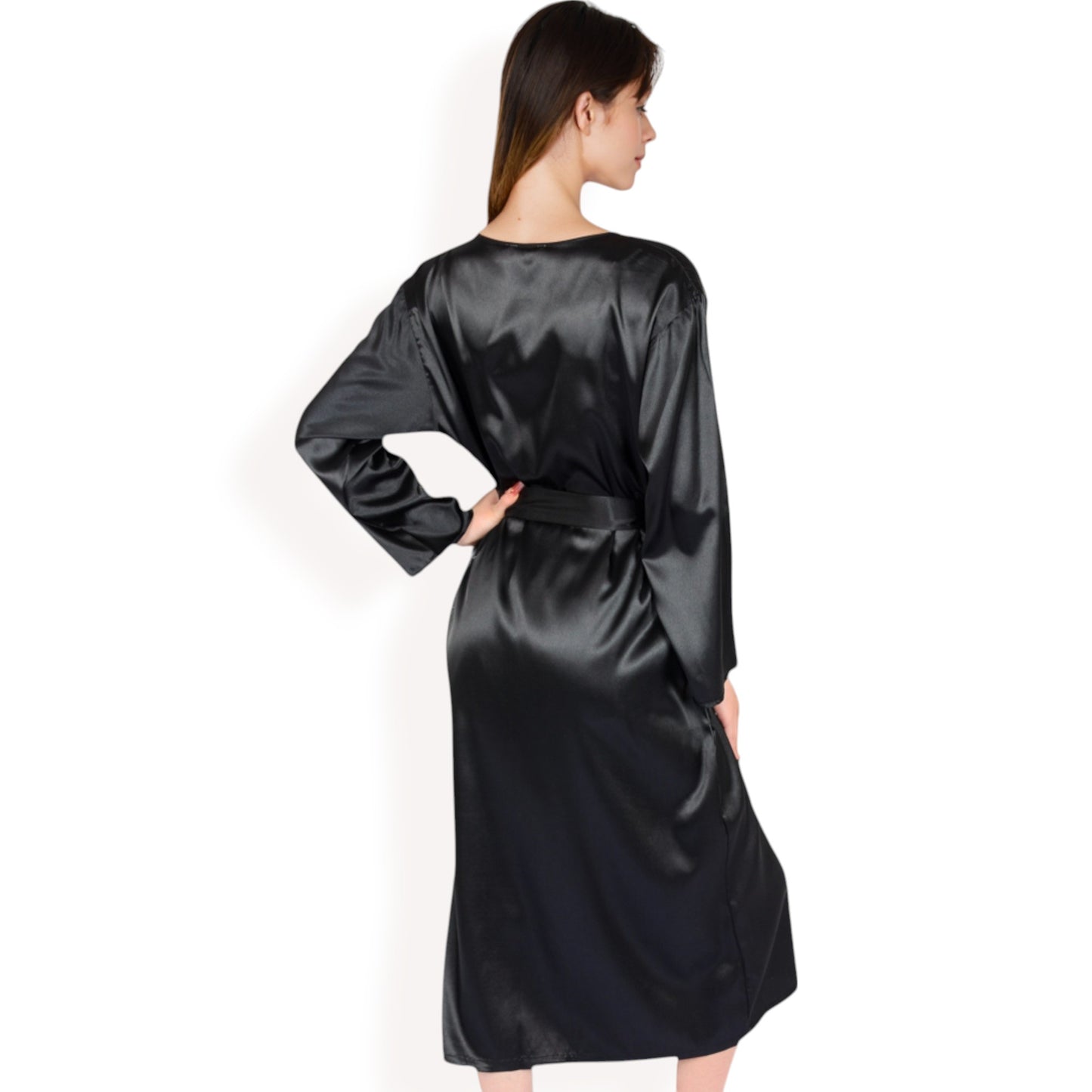 Anna-Kaci Women's Satin Pajama Set with Long Robe, Cami, Shorts, and Tie Waist- Black,Small