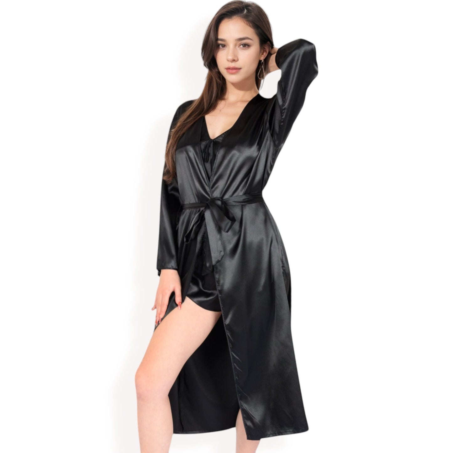 Anna-Kaci Women's Satin Pajama Set with Long Robe, Cami, Shorts, and Tie Waist- Black,Small
