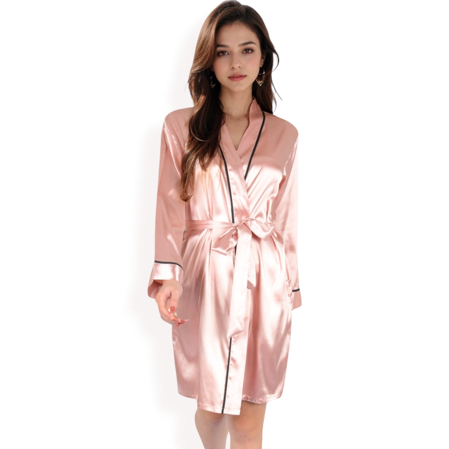 Anna-Kaci Women's Satin Short Robe with Contrast Piping and Tie Waist- Pink,Small