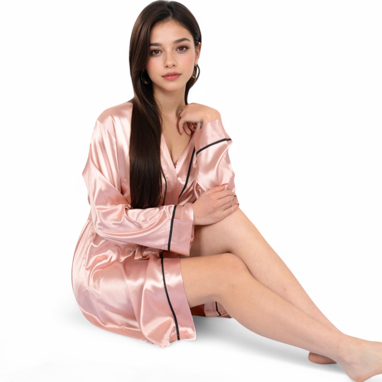 Anna-Kaci Women's Satin Short Robe with Contrast Piping and Tie Waist- Pink,Small
