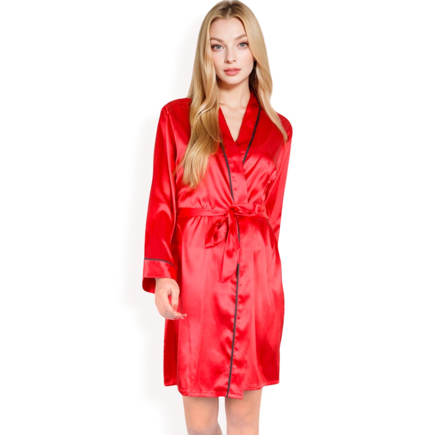 Anna-Kaci Women's Satin Short Robe with Contrast Piping and Tie Waist- Pink,Small