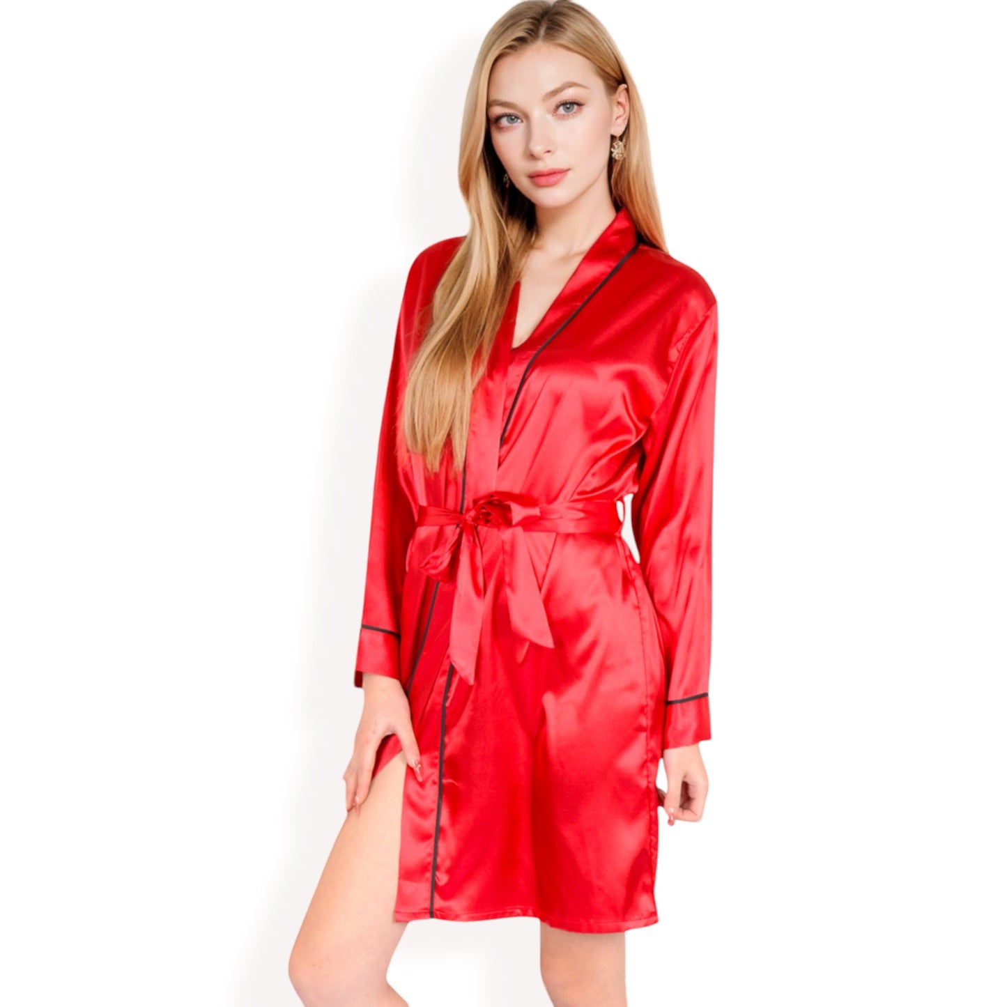 Anna-Kaci Women's Satin Short Robe with Contrast Piping and Tie Waist- Pink,Small