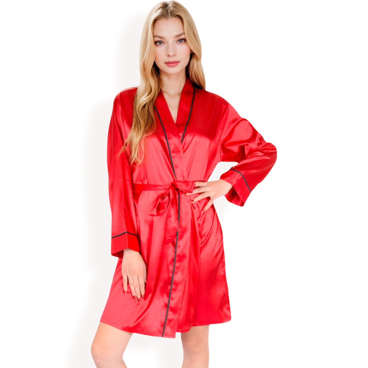 Anna-Kaci Women's Satin Short Robe with Contrast Piping and Tie Waist- Pink,Small