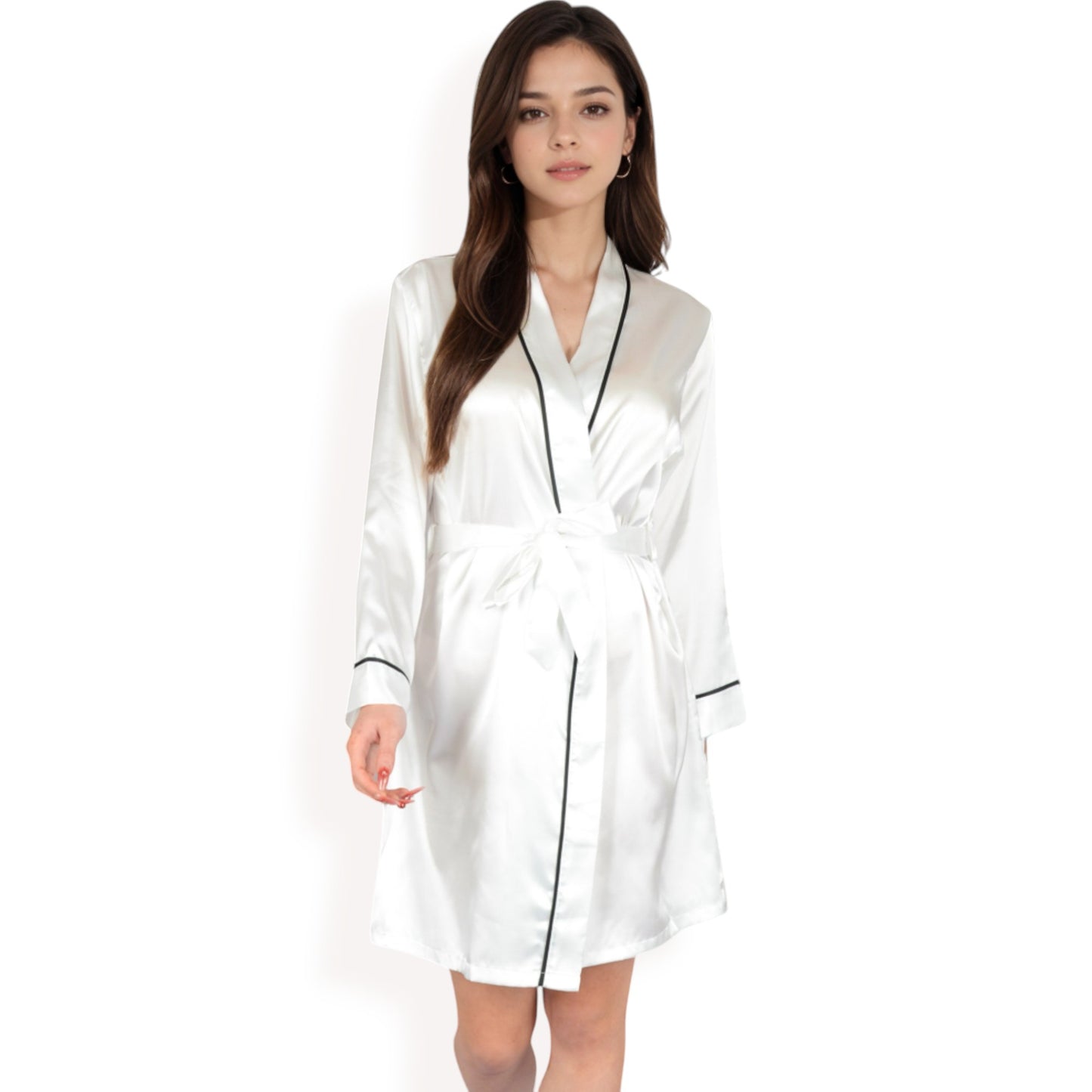 Anna-Kaci Women's Satin Short Robe with Contrast Piping and Tie Waist- Pink,Small