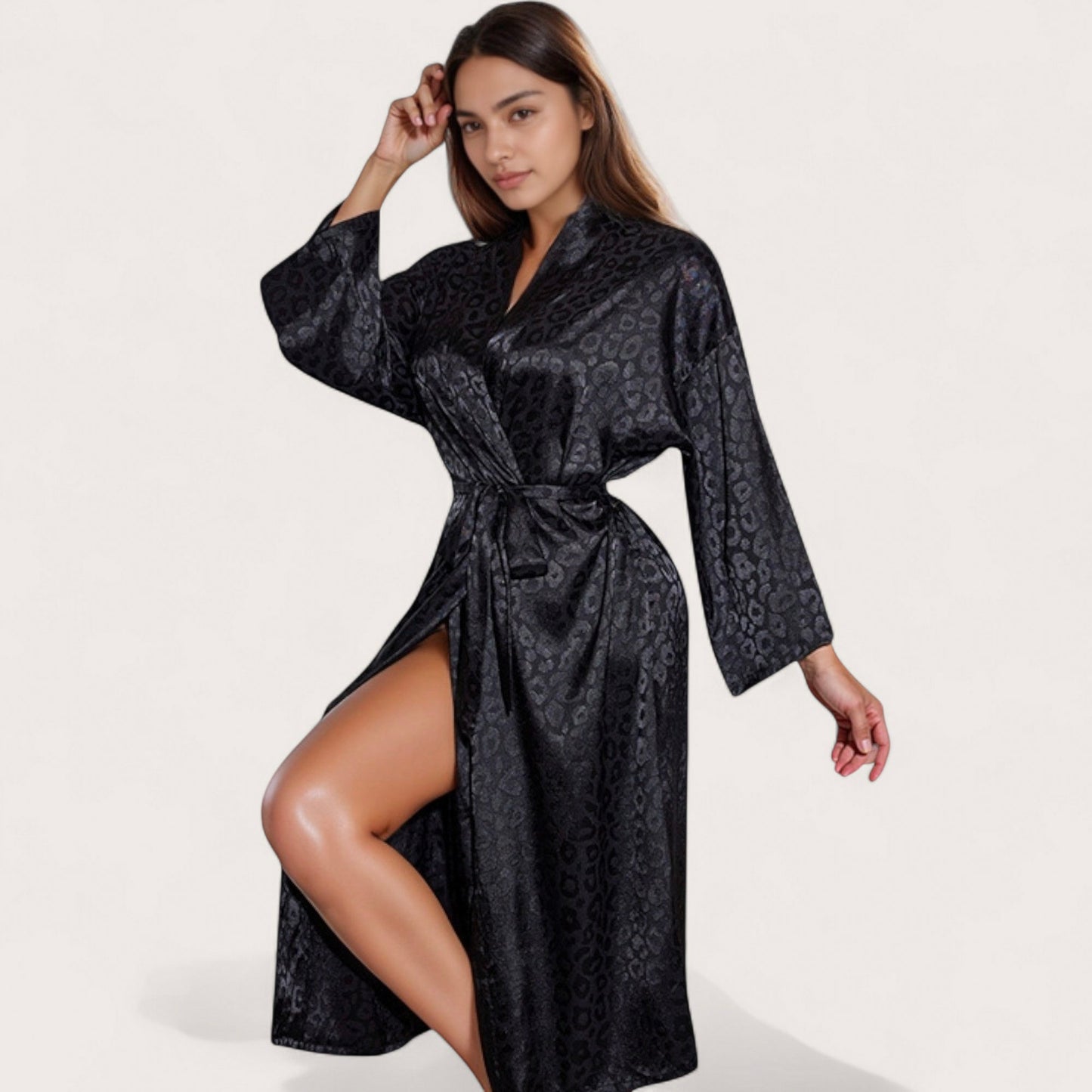 Anna-Kaci Lounge Women's Satin Leopard Print Long Robe with Waist Tie and Kimono Sleeves