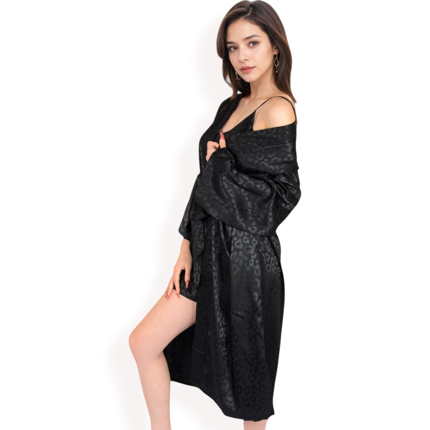 Anna-Kaci Women's Satin Long Robe with Subtle Leopard Jacquard Pattern and Tie Waist- Black,Small