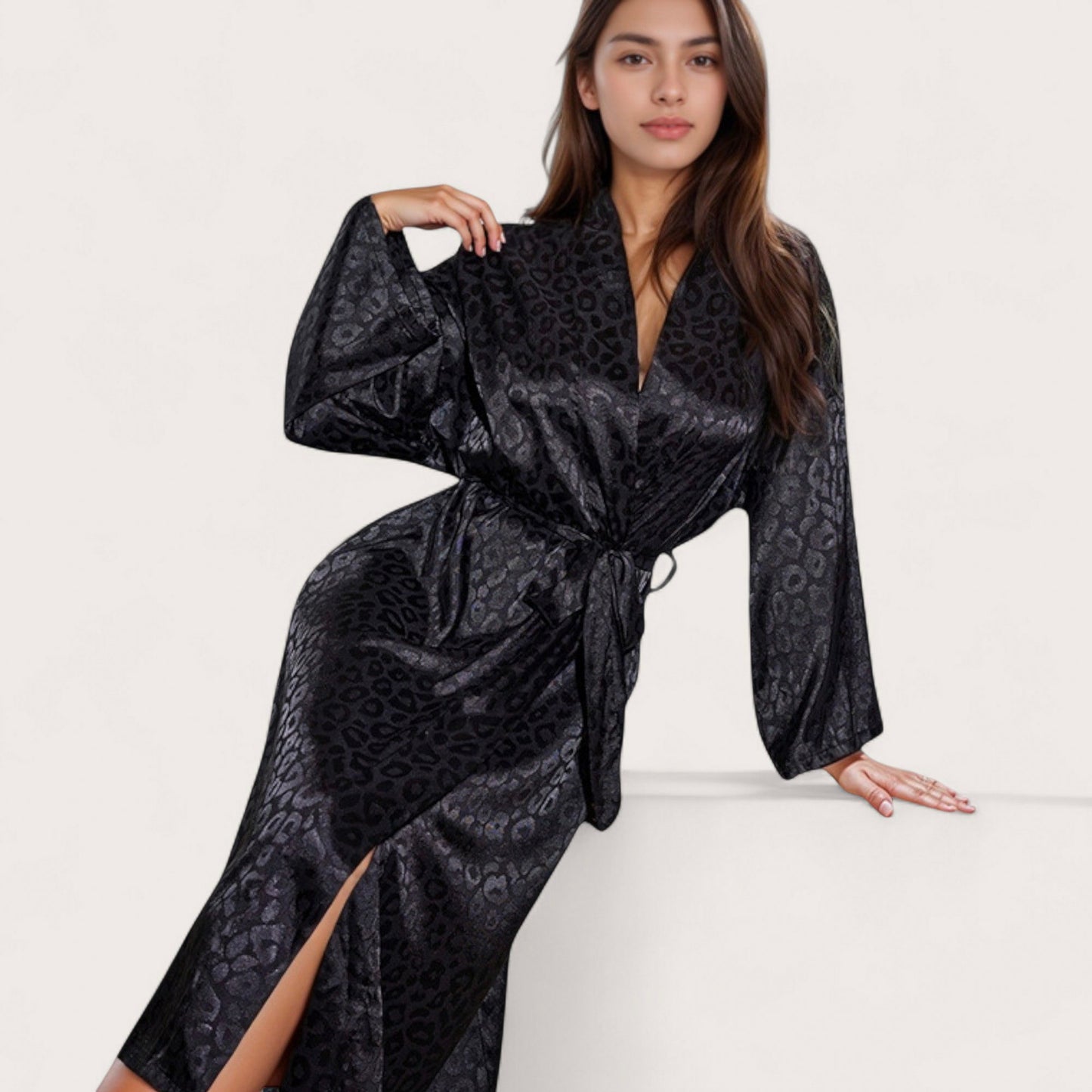 Anna-Kaci Lounge Women's Satin Leopard Print Long Robe with Waist Tie and Kimono Sleeves