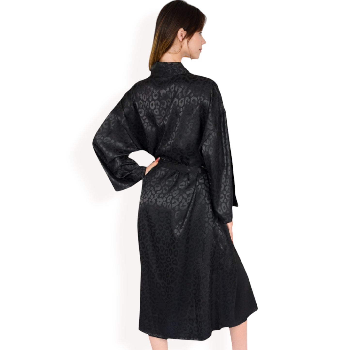 Anna-Kaci Women's Satin Long Robe with Subtle Leopard Jacquard Pattern and Tie Waist- Black,Small