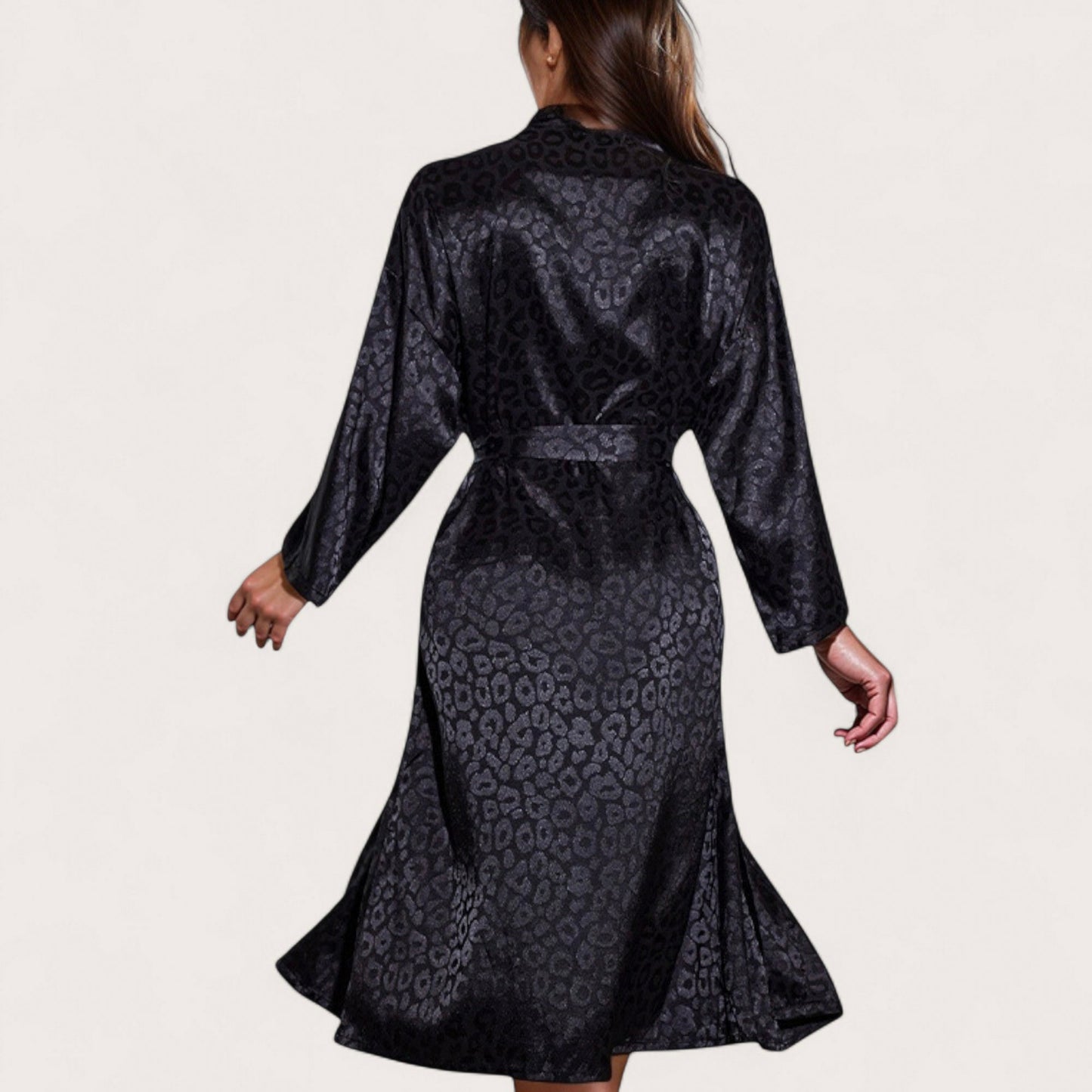Anna-Kaci Lounge Women's Satin Leopard Print Long Robe with Waist Tie and Kimono Sleeves