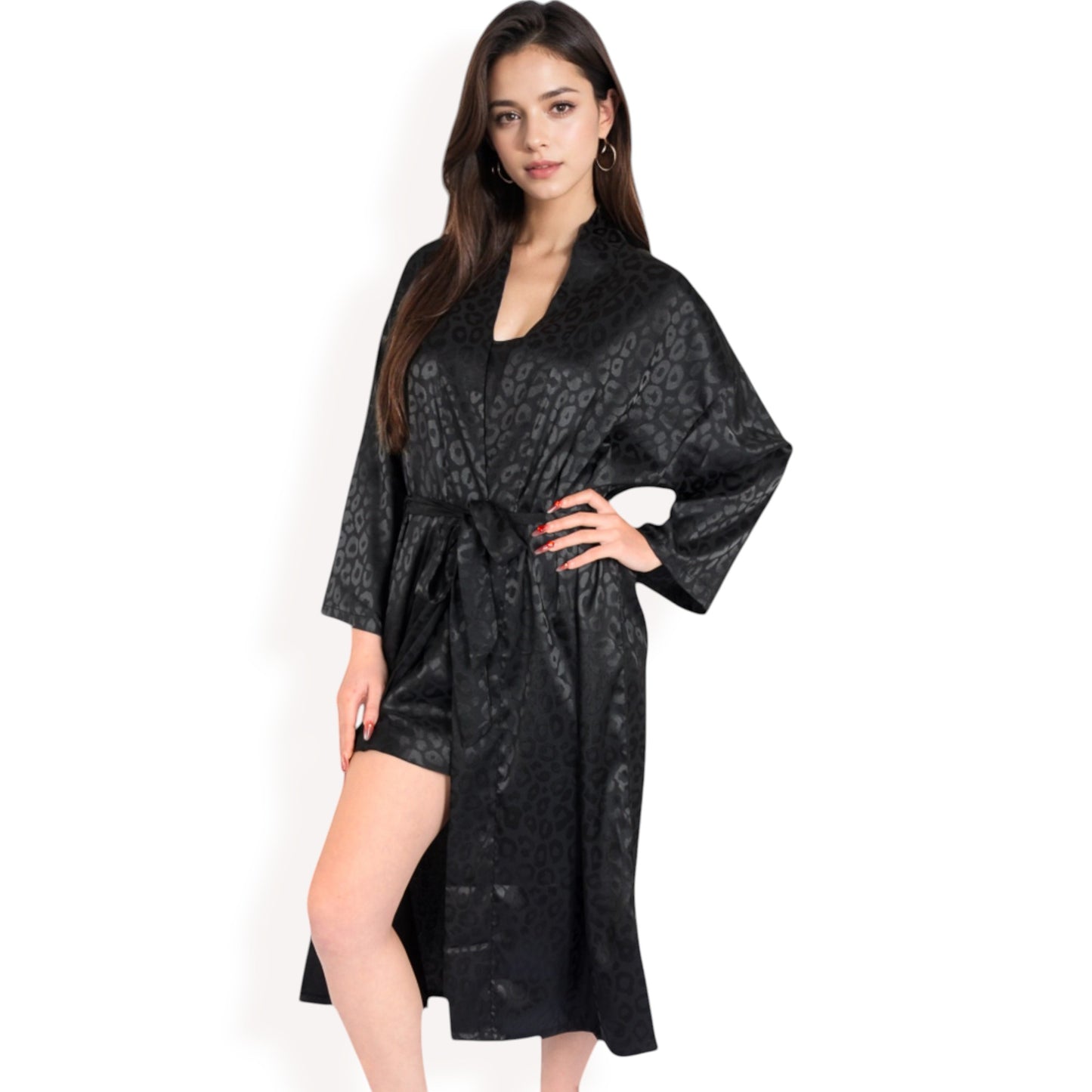 Anna-Kaci Women's Satin Long Robe with Subtle Leopard Jacquard Pattern and Tie Waist- Black,Small