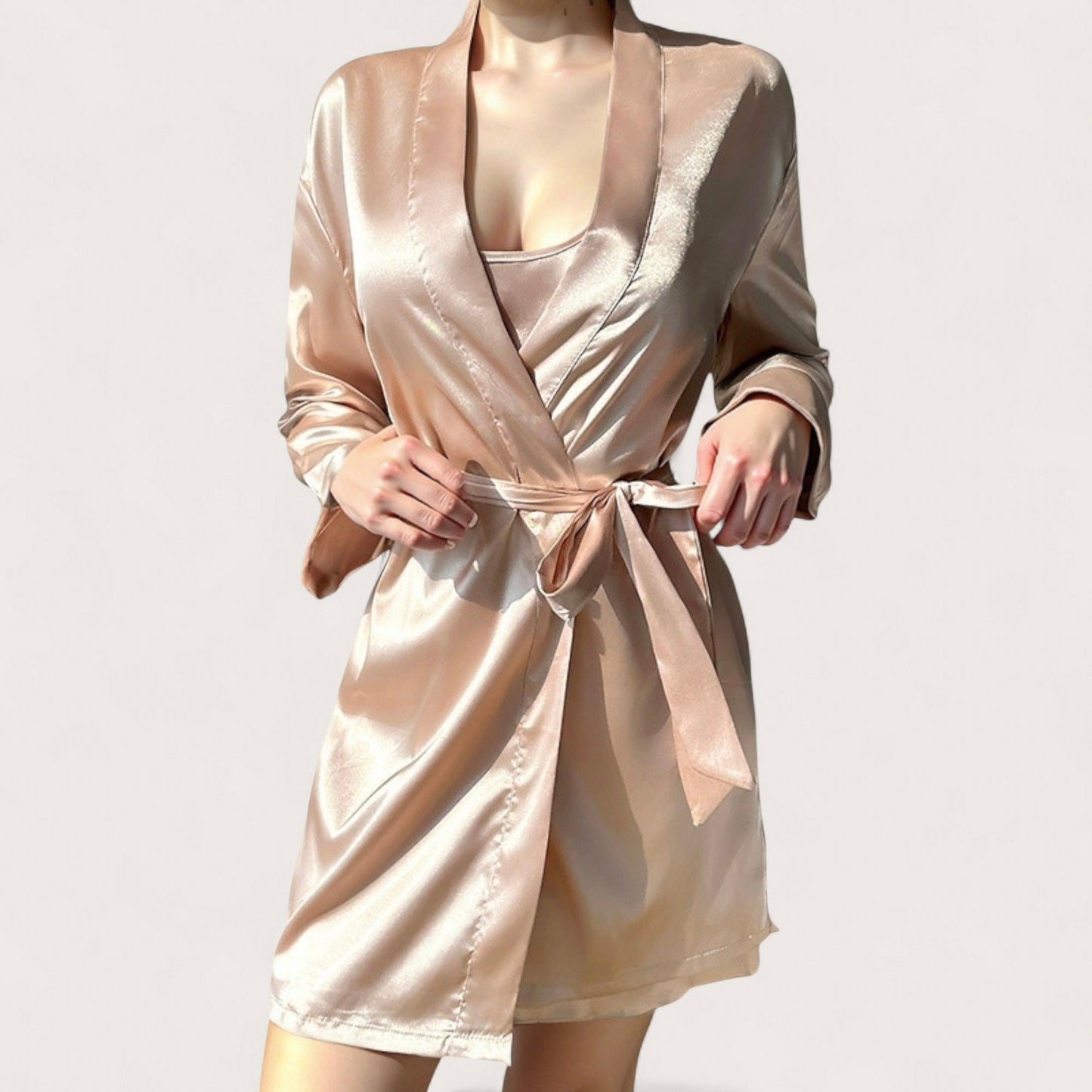 Anna-Kaci Lounge Women's Satin Short Robe with Matching Slip Lingerie Set and Waist Tie Shawl Collar