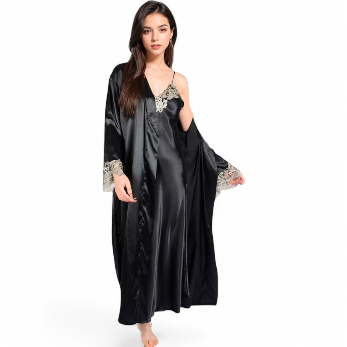 Anna-Kaci Women's Satin Long Robe and Lace Trim Nightgown Set- Black,Small