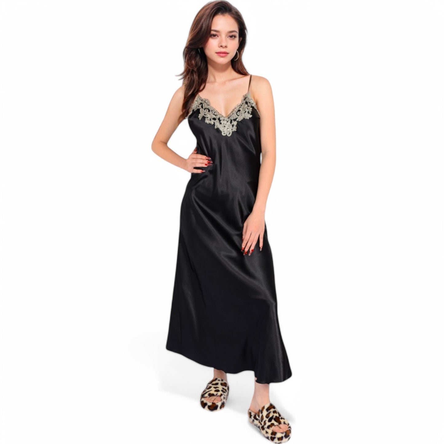 Anna-Kaci Women's Satin Long Robe and Lace Trim Nightgown Set- Black,Small