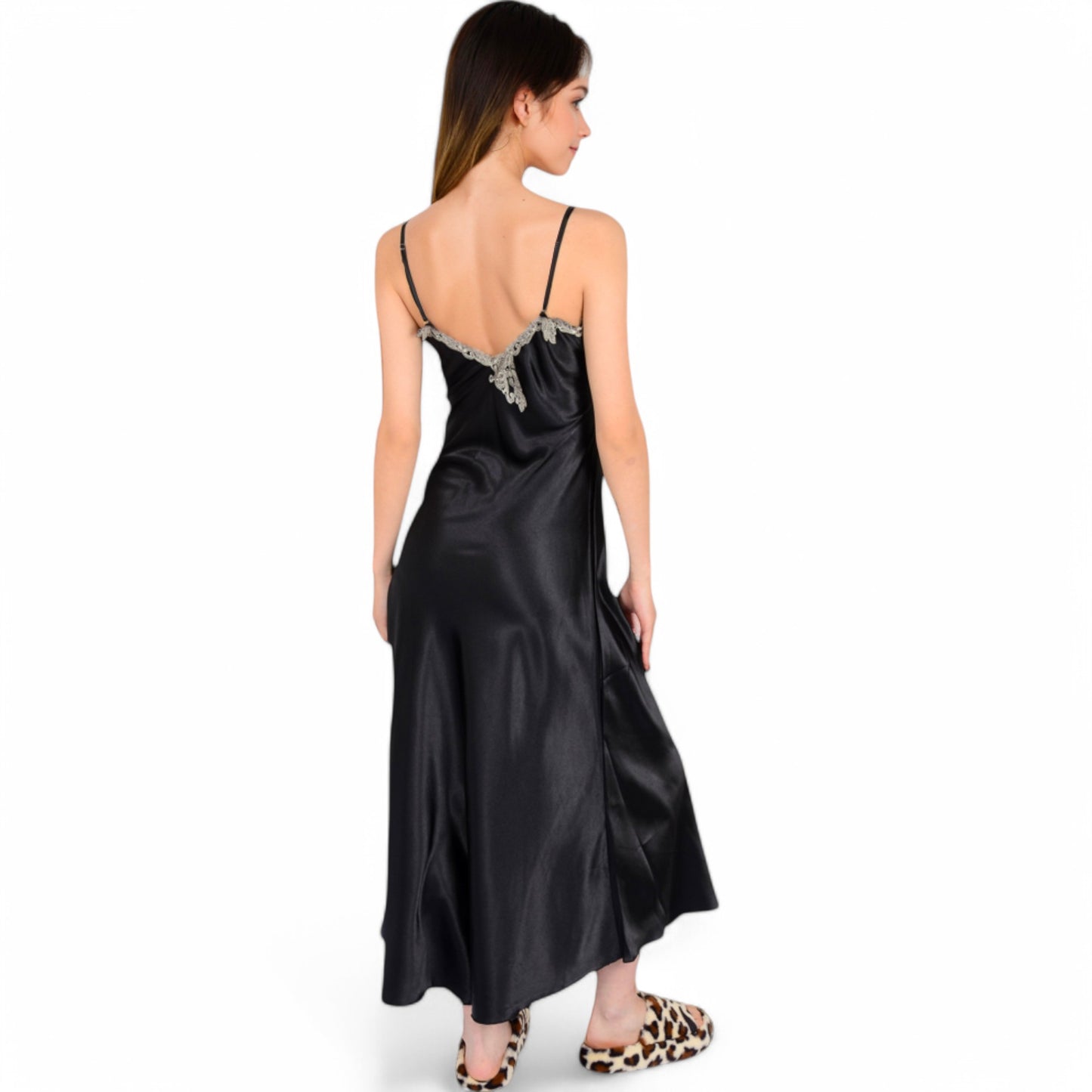 Anna-Kaci Women's Satin Long Robe and Lace Trim Nightgown Set- Black,Small