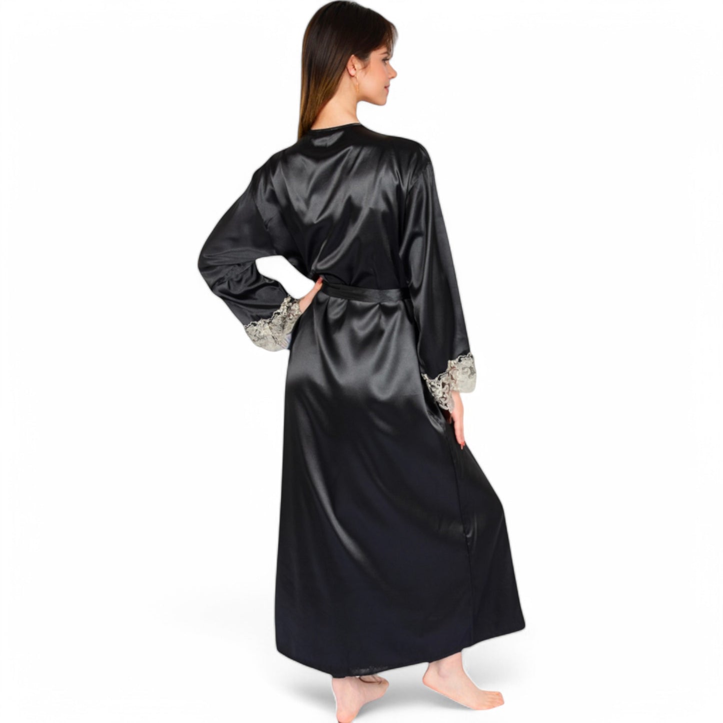 Anna-Kaci Women's Satin Long Robe and Lace Trim Nightgown Set- Black,Small