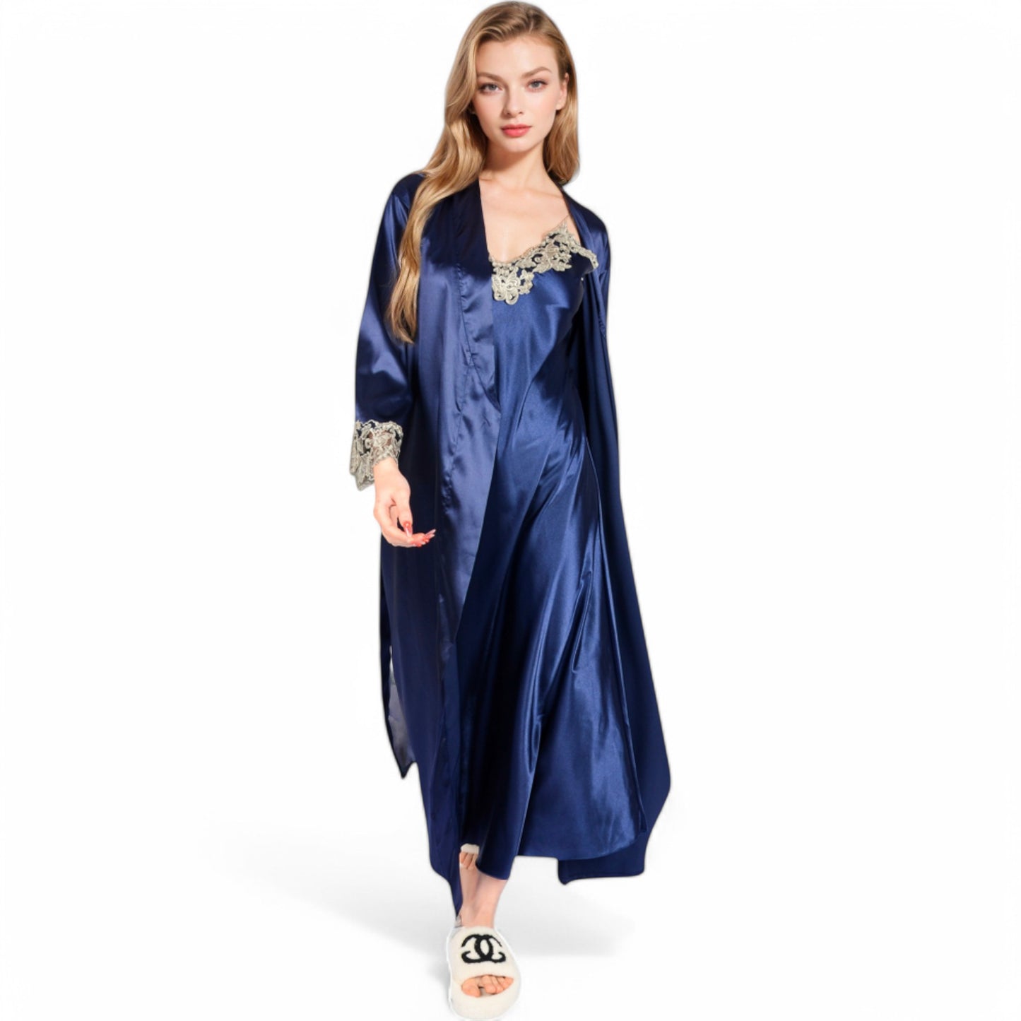 Anna-Kaci Women's Satin Long Robe and Lace Trim Nightgown Set- Black,Small