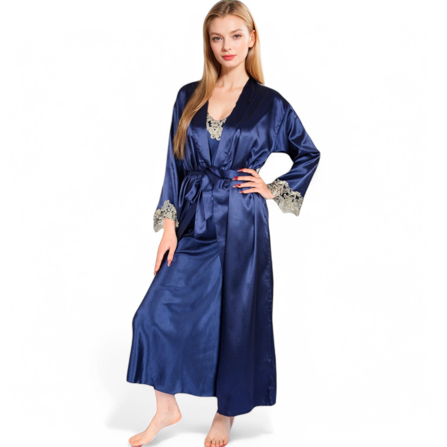 Anna-Kaci Women's Satin Long Robe and Lace Trim Nightgown Set- Black,Small